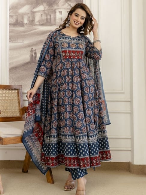 Pure Cotton Blue Anarkali 3pc Set
