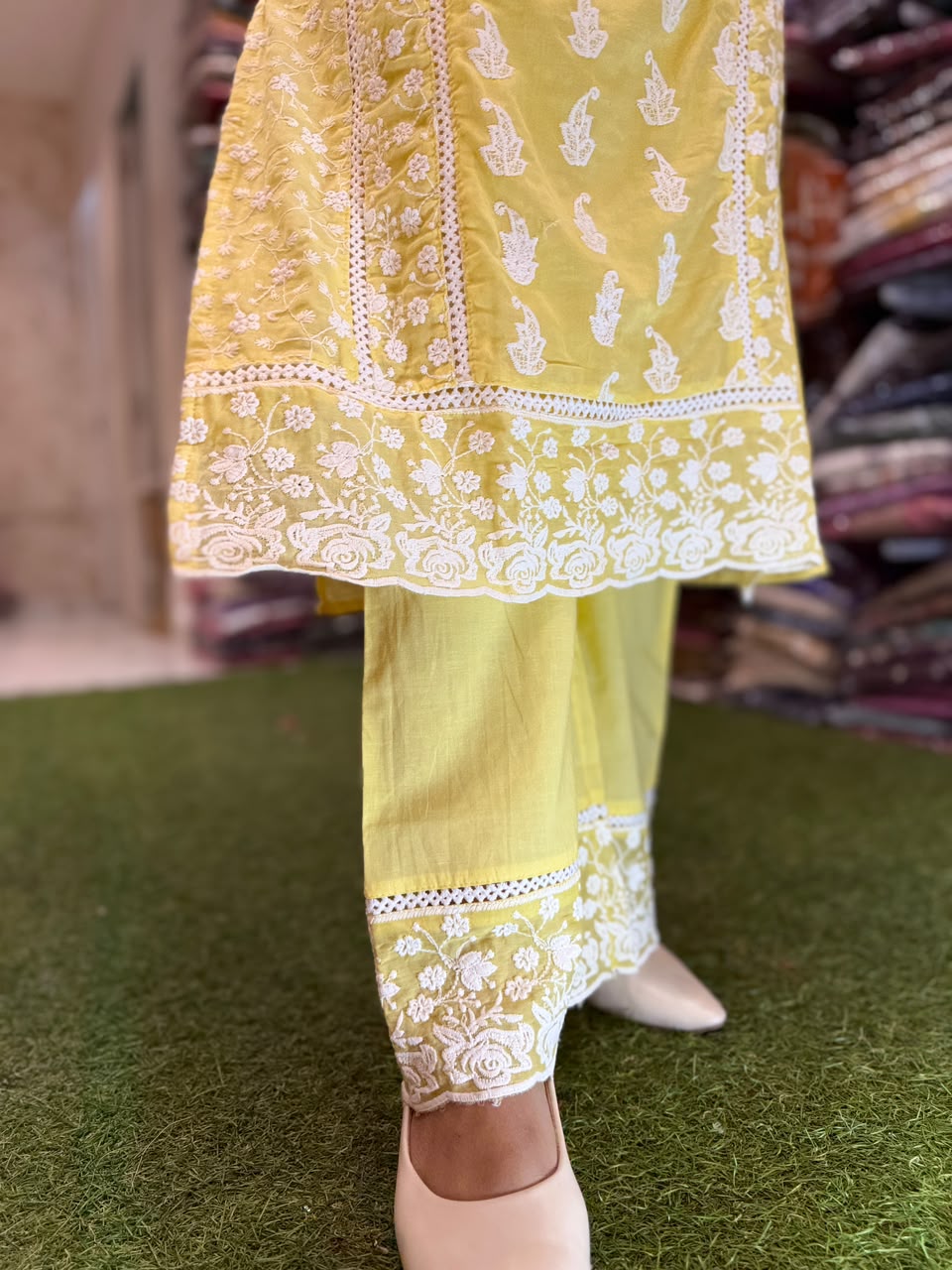 Pure Mull Cotton with lucknowi work Yellow color