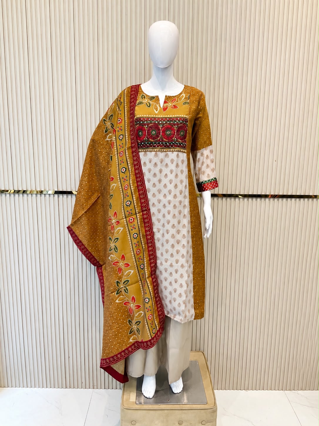 Viscose Mull Chanderi Mustard Yellow 3pc Set