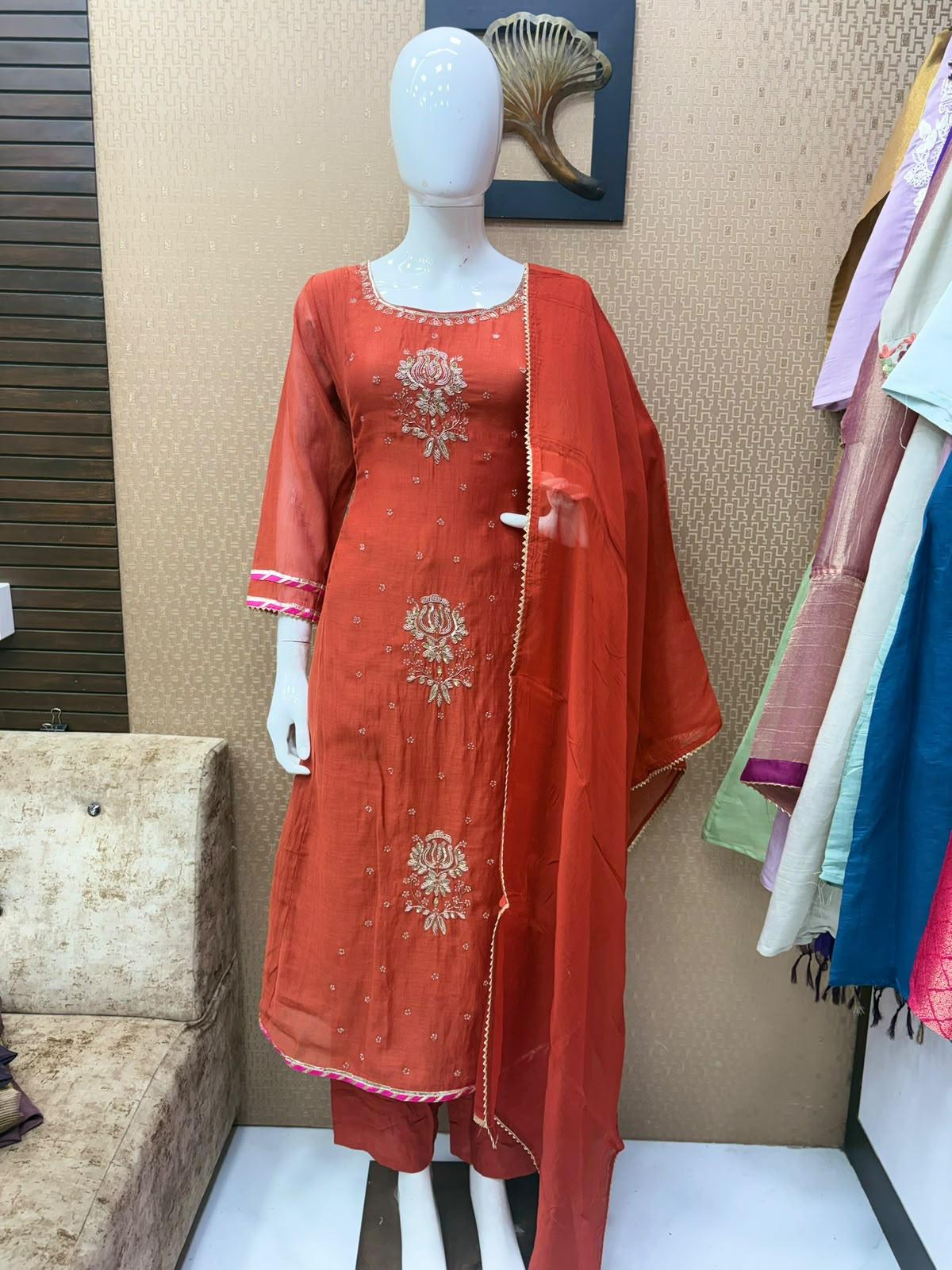 Pure Banaras Mull Chanderi Rust Orange 3pc Set