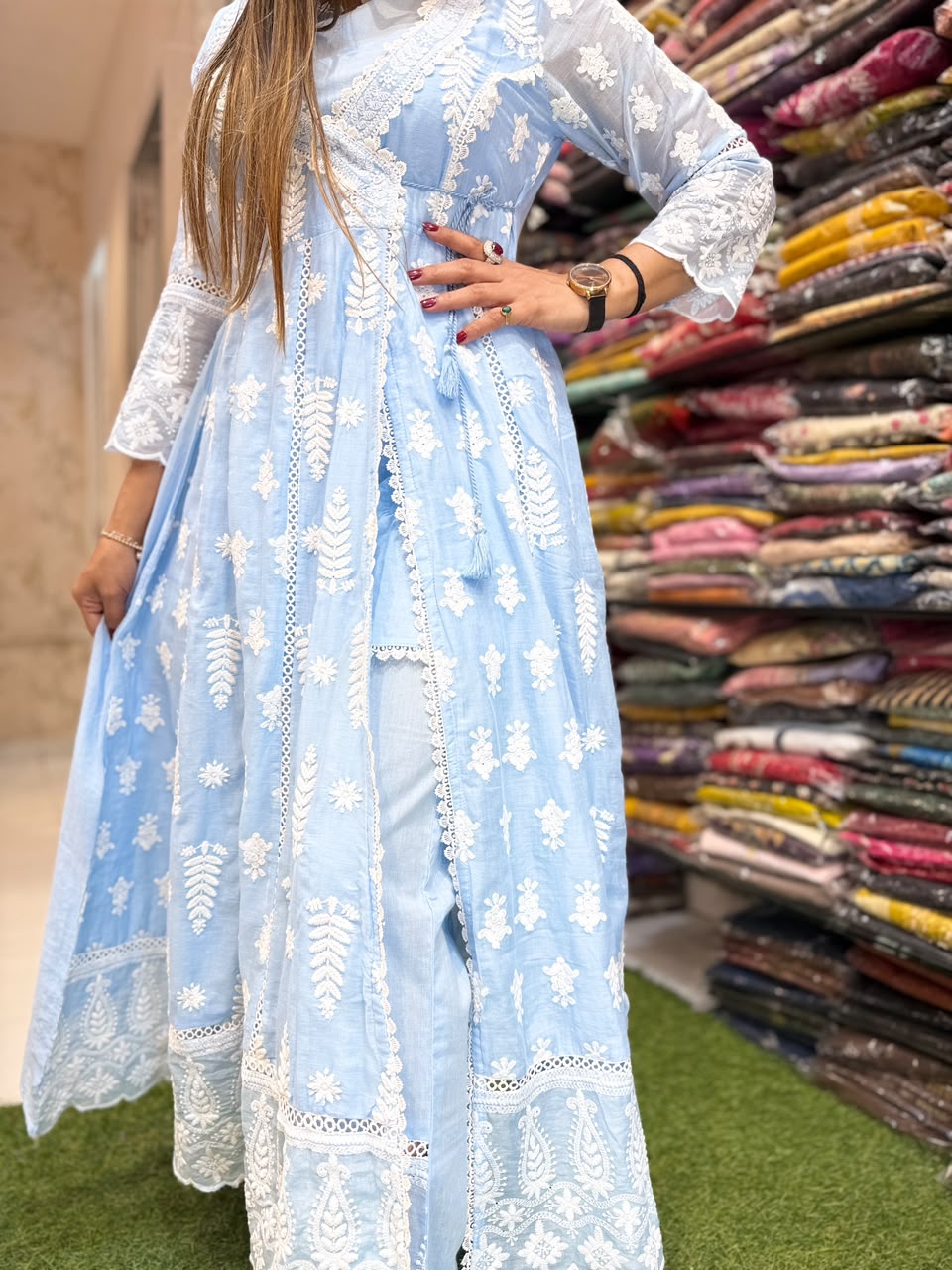 Pure Mull cotton Anarkali with lucknowi work Sky color