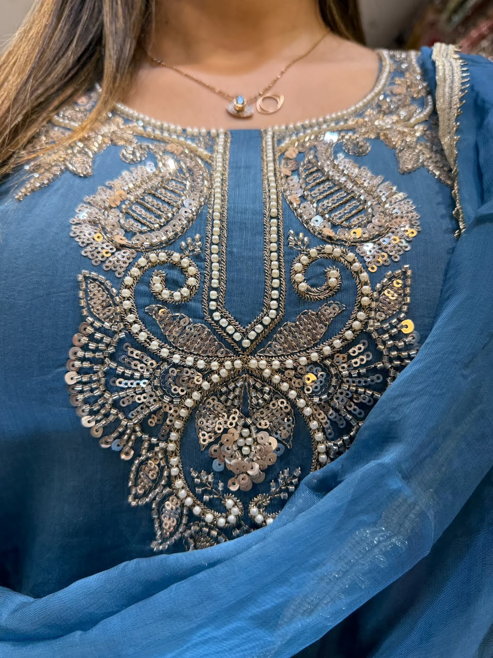 Pure Banarasi Mull Chanderi Blue 3pc Set