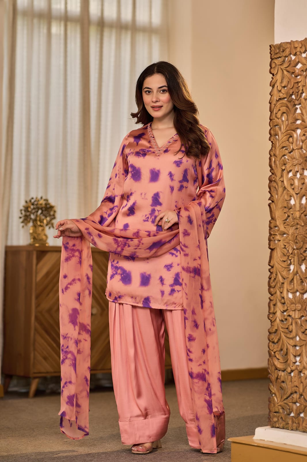 Pure Satin Gaji Peach Farsi Salwar 3pc Set