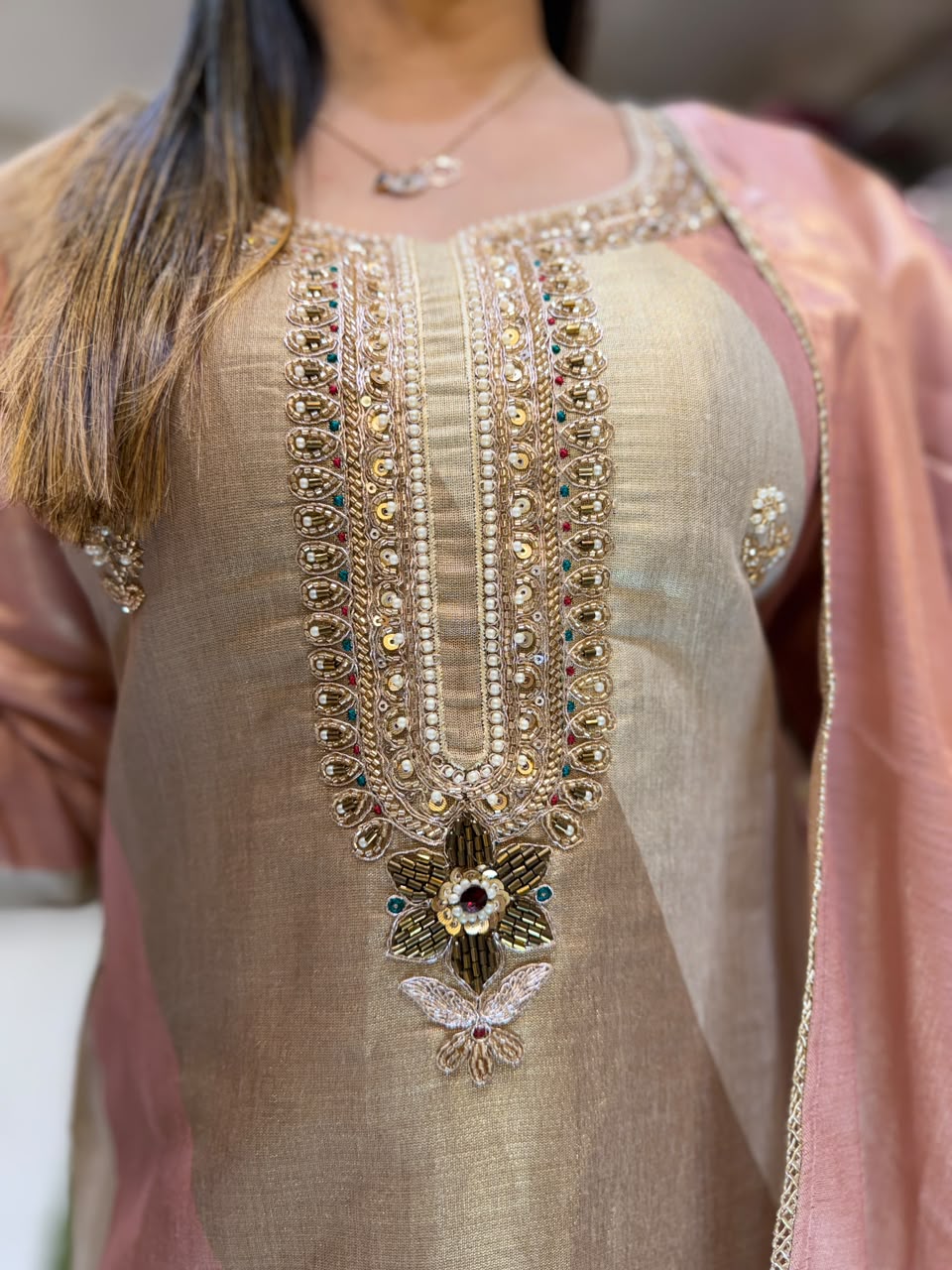 Pure Zeeraf Silk Kanjiwaram Ivory And Rose Gold 3pc Set