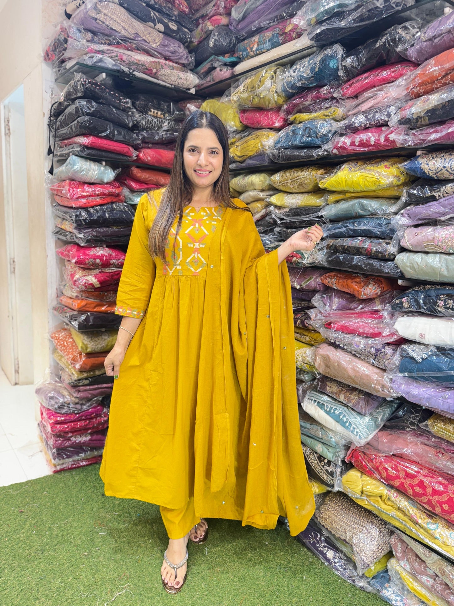 Pure cotton A-line 3 Pc Set With Heavy Work On Neck Yellow Color