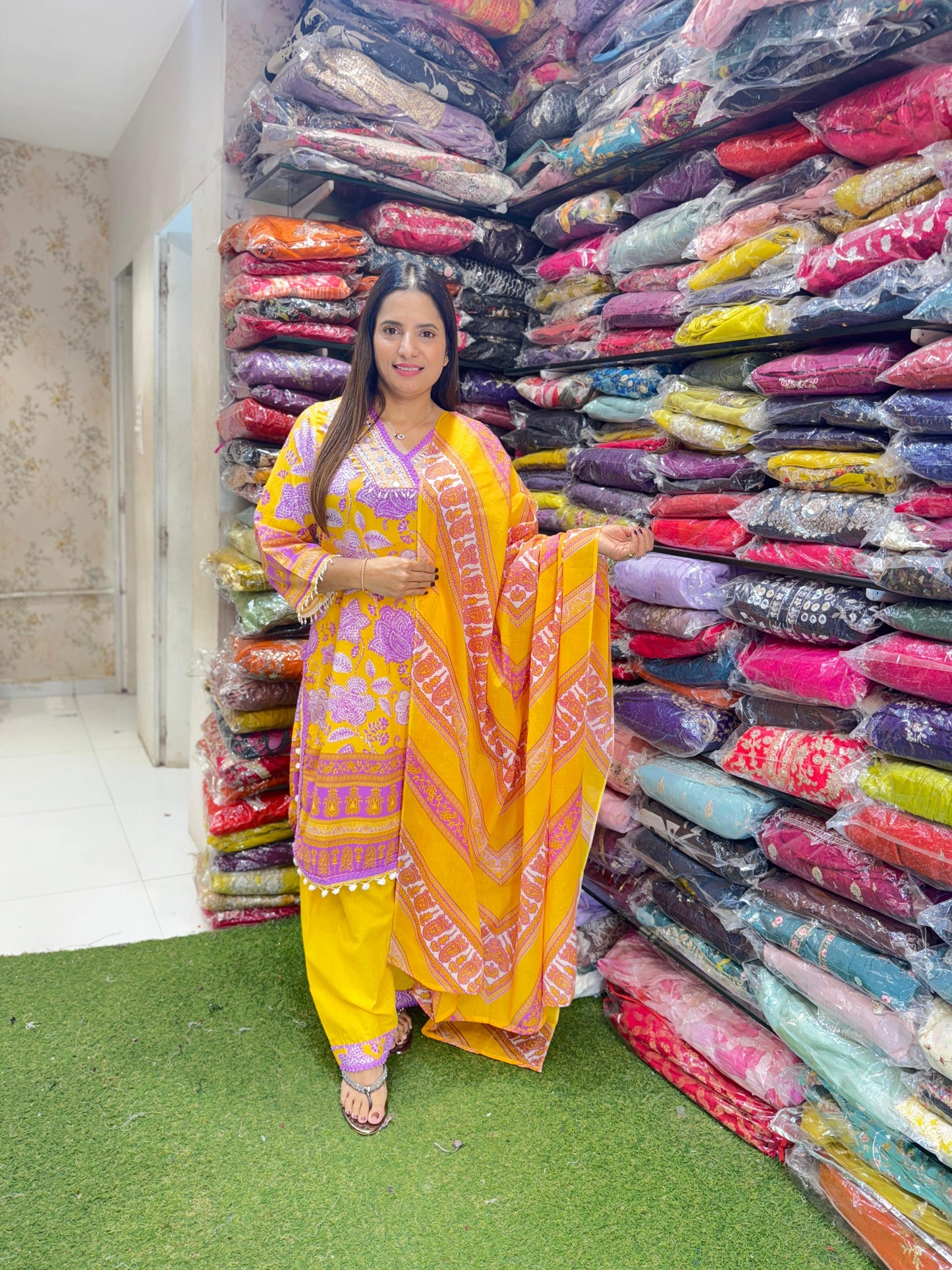 Pure Cotton 3pc Set Farsi Salwar Foil Mirror Work V Neck Pattern Yellow Color