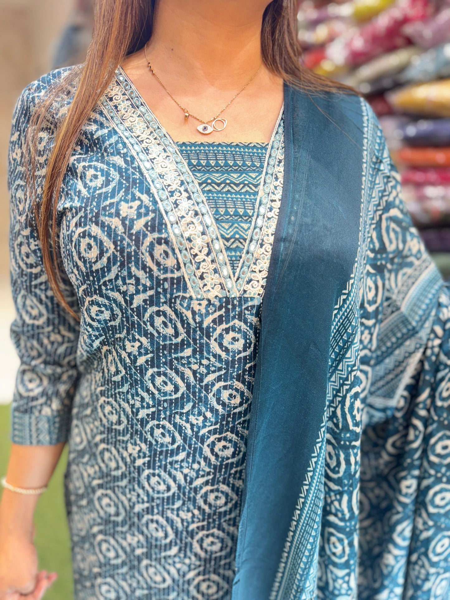 Handloom katha fabric mull duppta 3pc Set RamaGreen Color