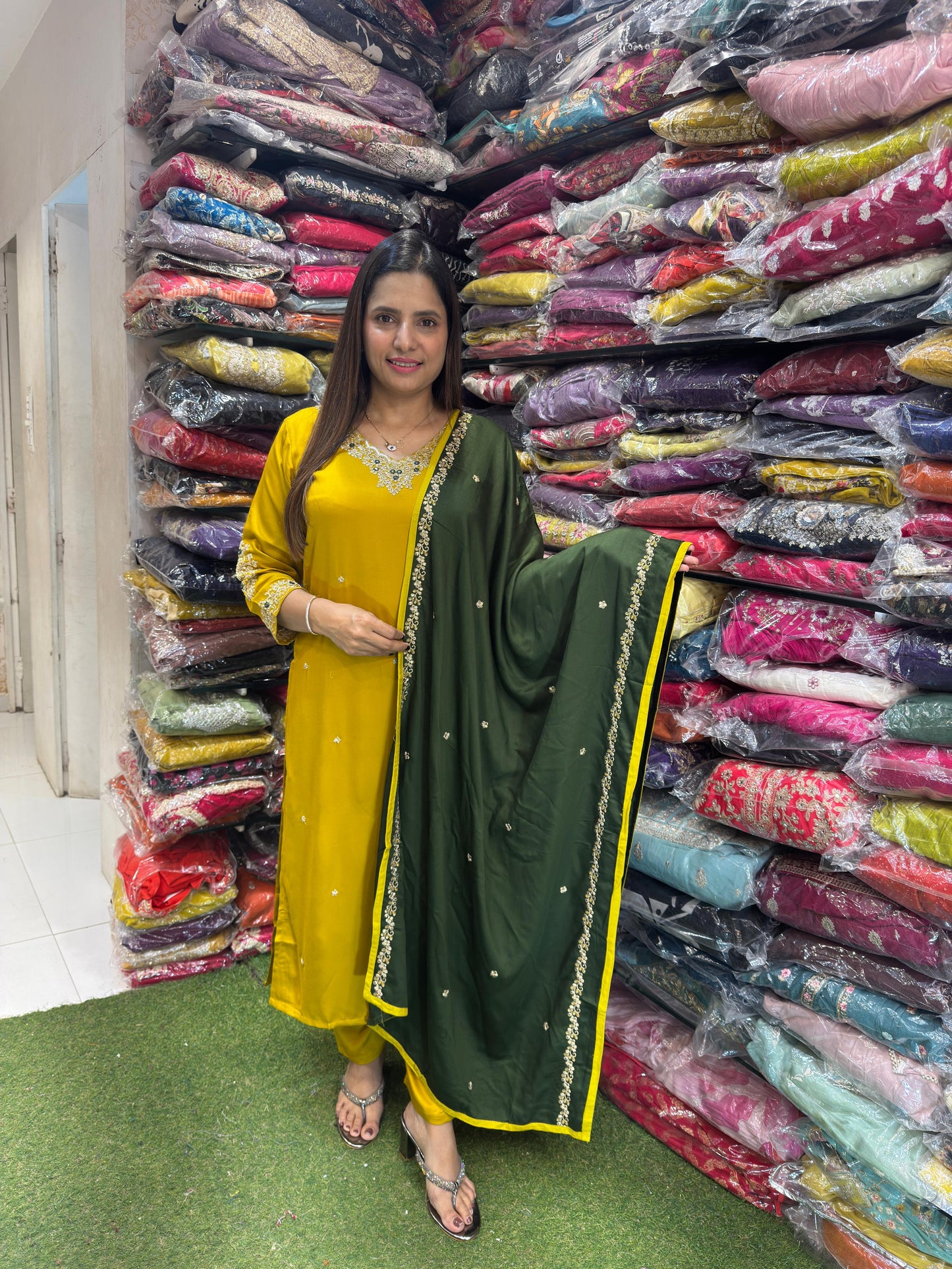 Pure Gaji Silk 3pc Set Embrodeiry Work Yellow Color