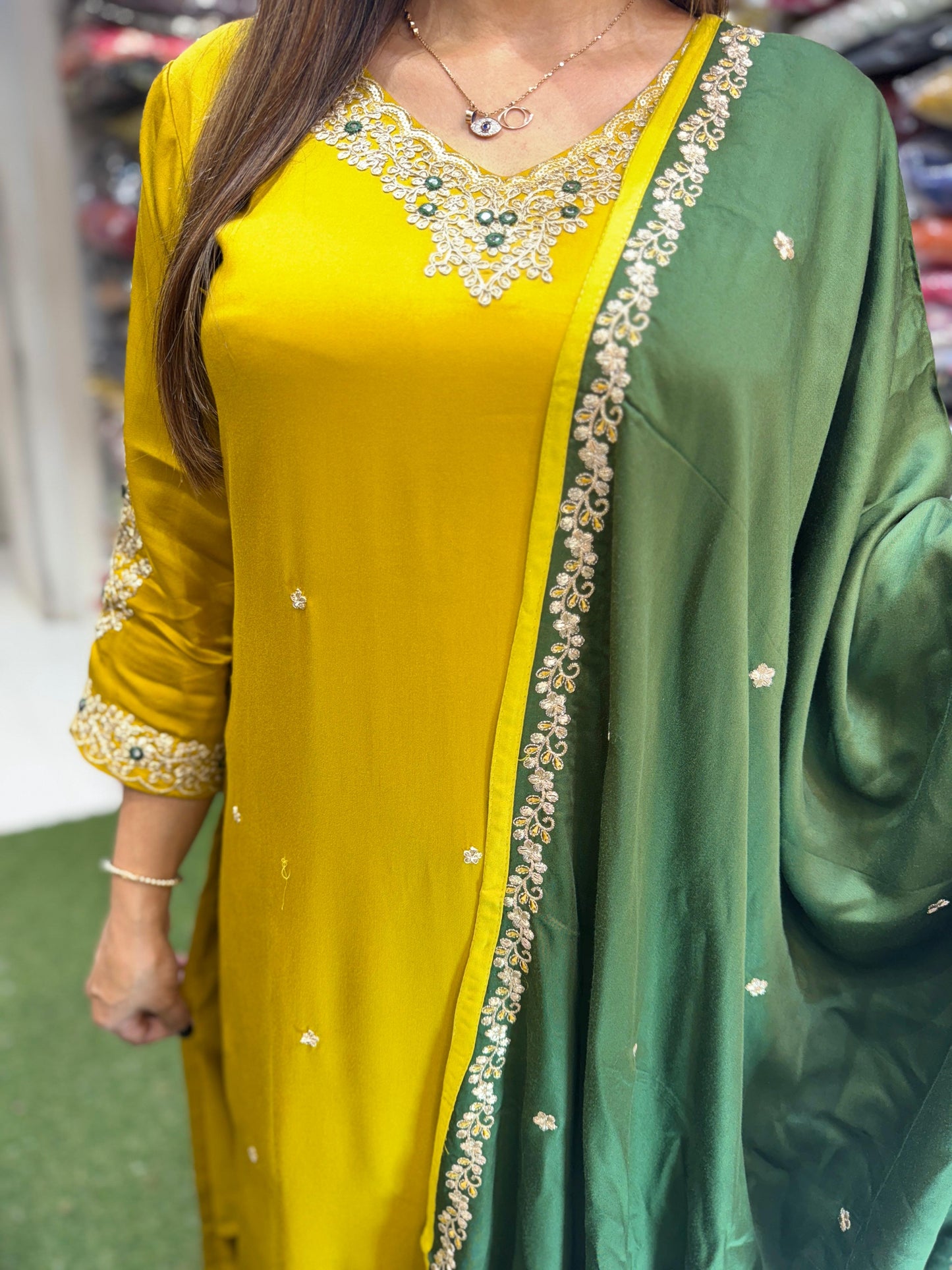 Pure Gaji Silk 3pc Set Embrodeiry Work Yellow Color
