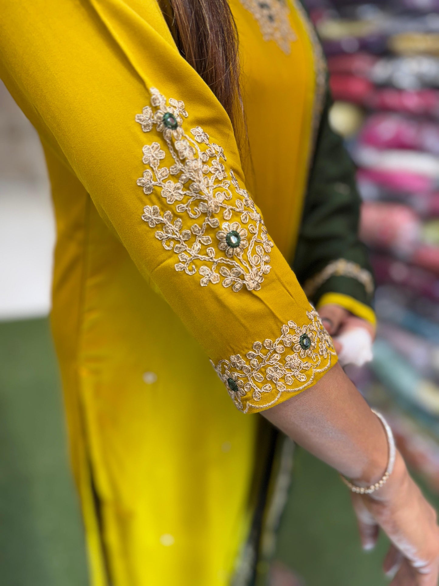 Pure Gaji Silk 3pc Set Embrodeiry Work Yellow Color