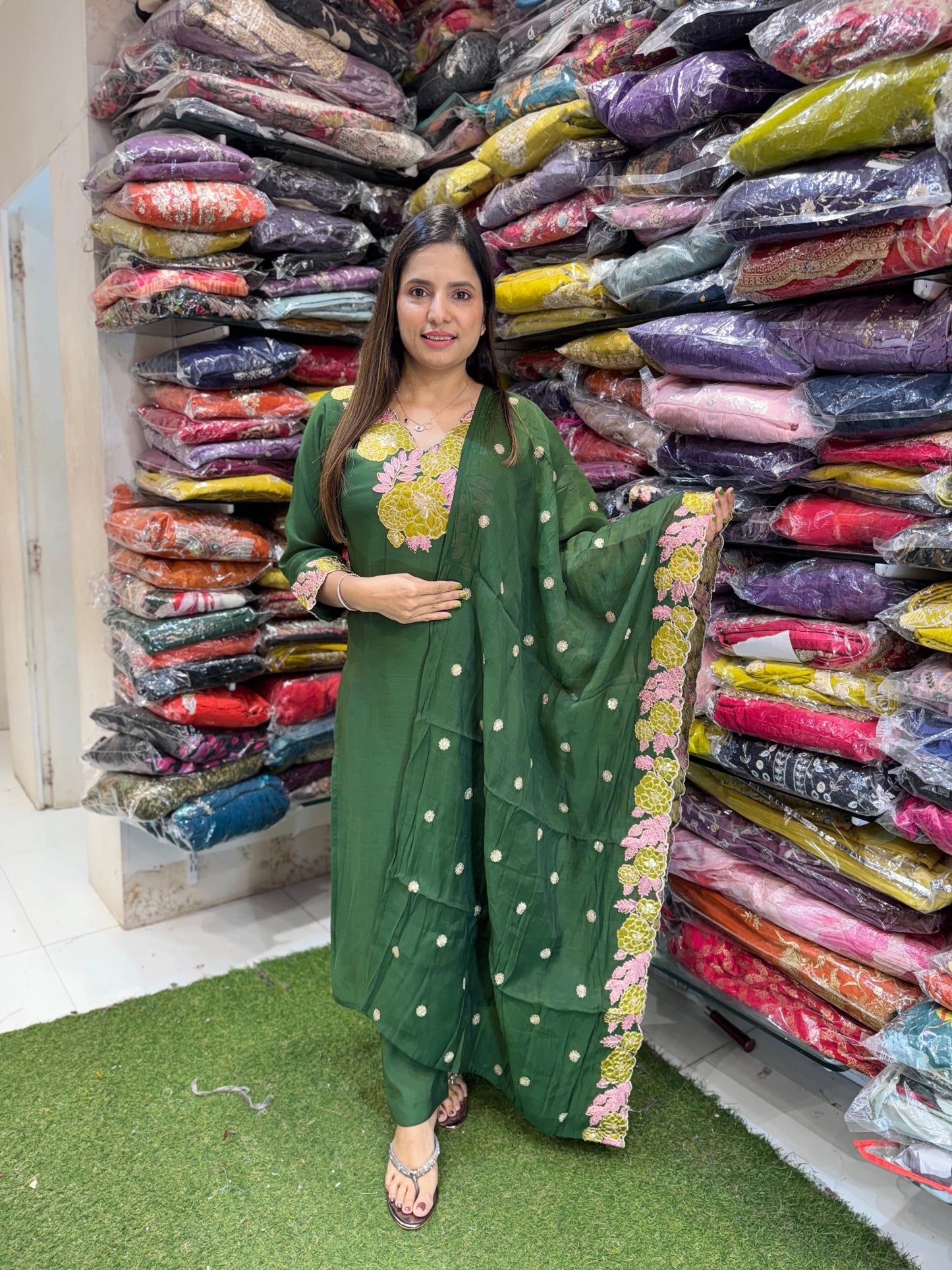 Pure Mull Chanderi 3pc Set Embrodeiry Work Green Color