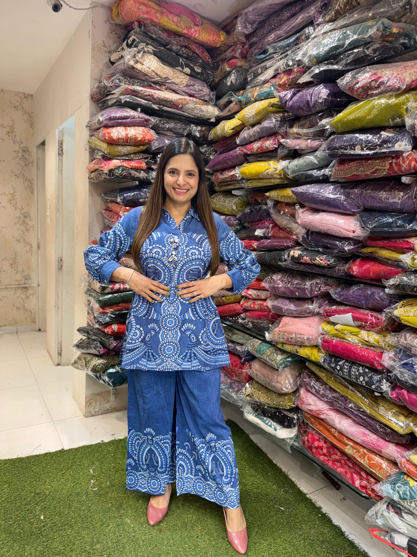 Pure Linen Silk Cordset Floral Print Blue Color