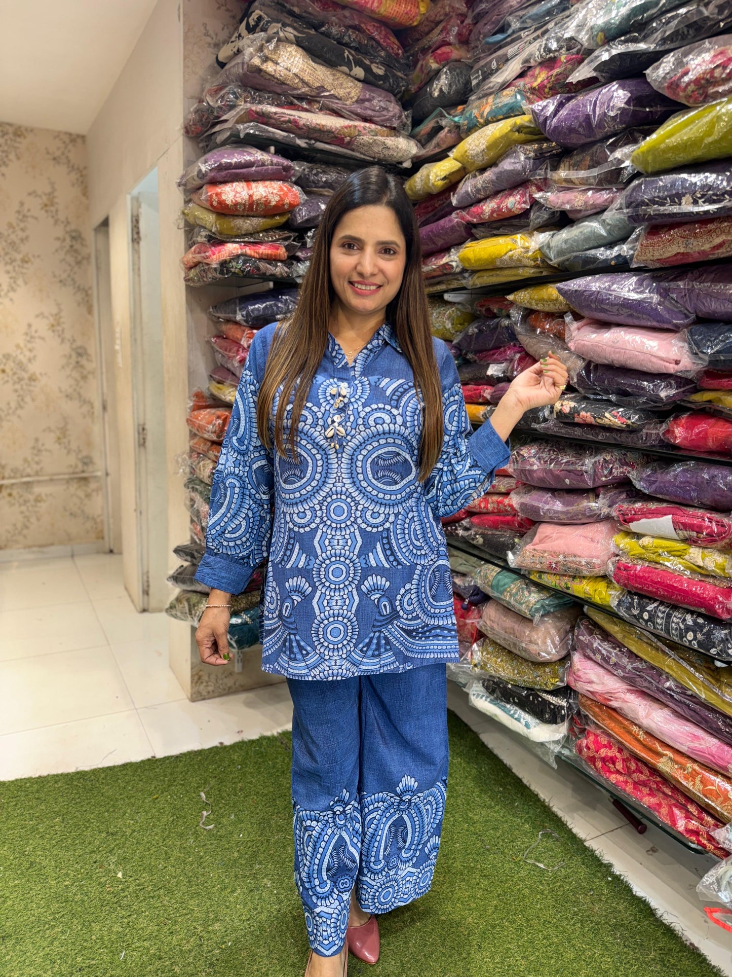 Pure Linen Silk Cordset Floral Print Blue Color