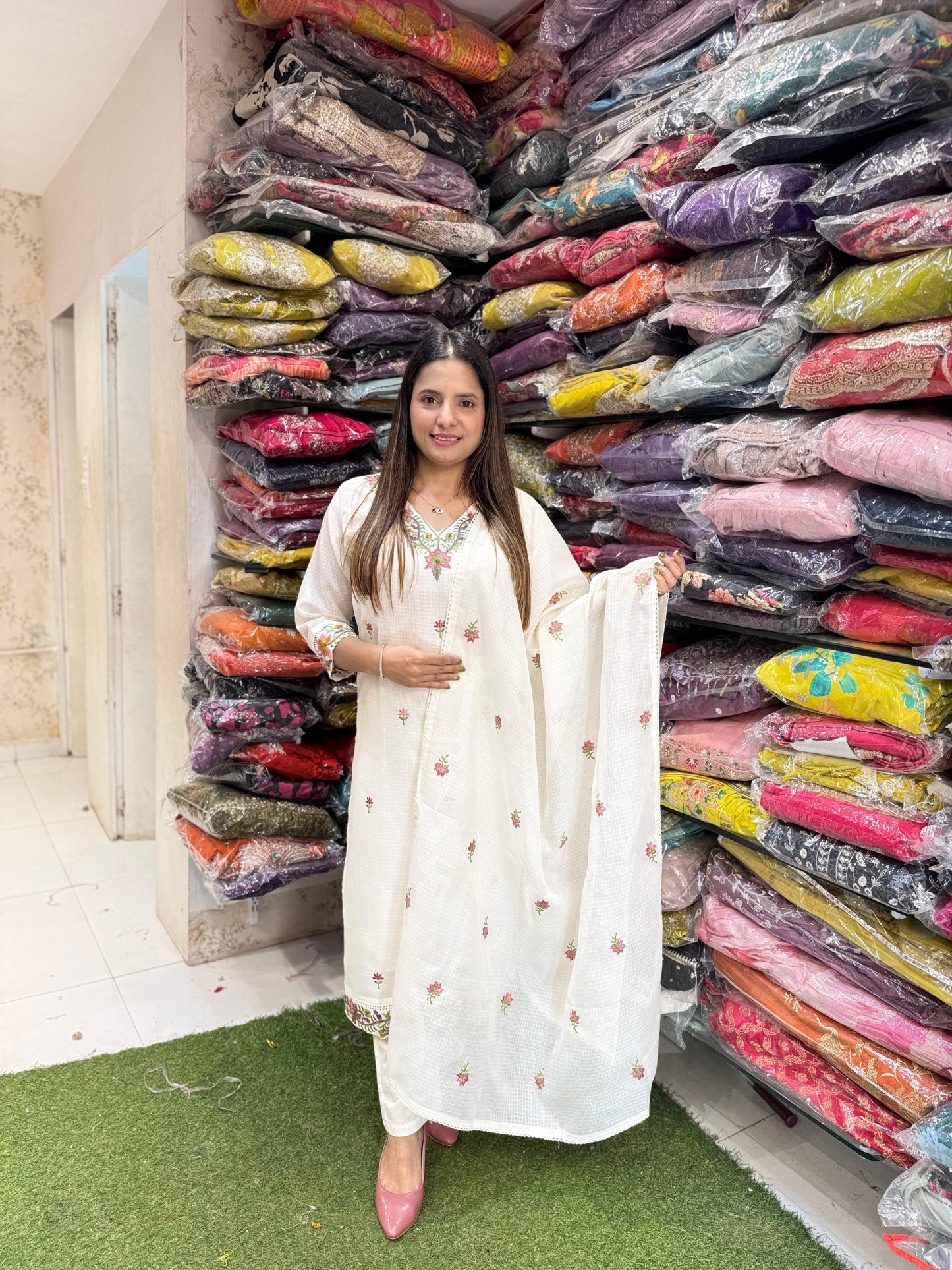 Premium Kota doria 3 Pc suit With Thread Embroidery White Colour