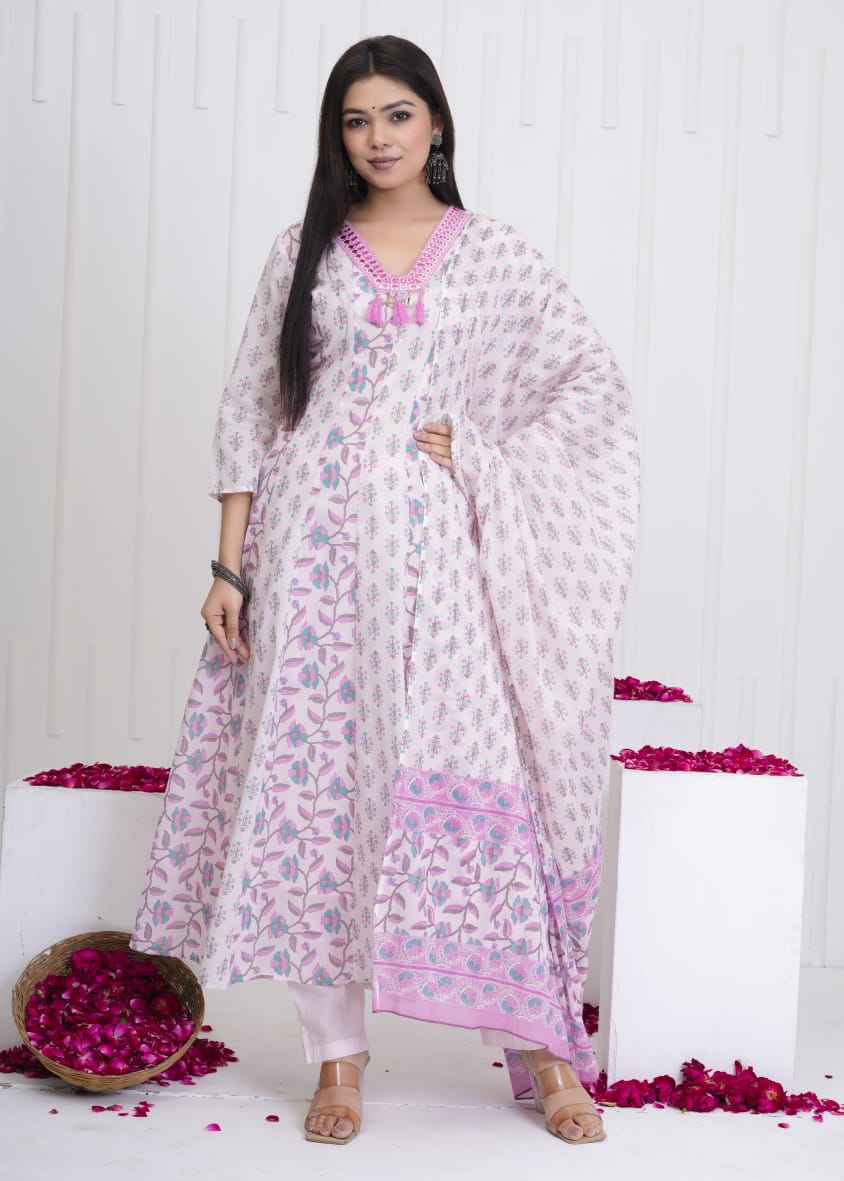 Pure Mull Cotton Shoulder Anarkali Baby Pink Color