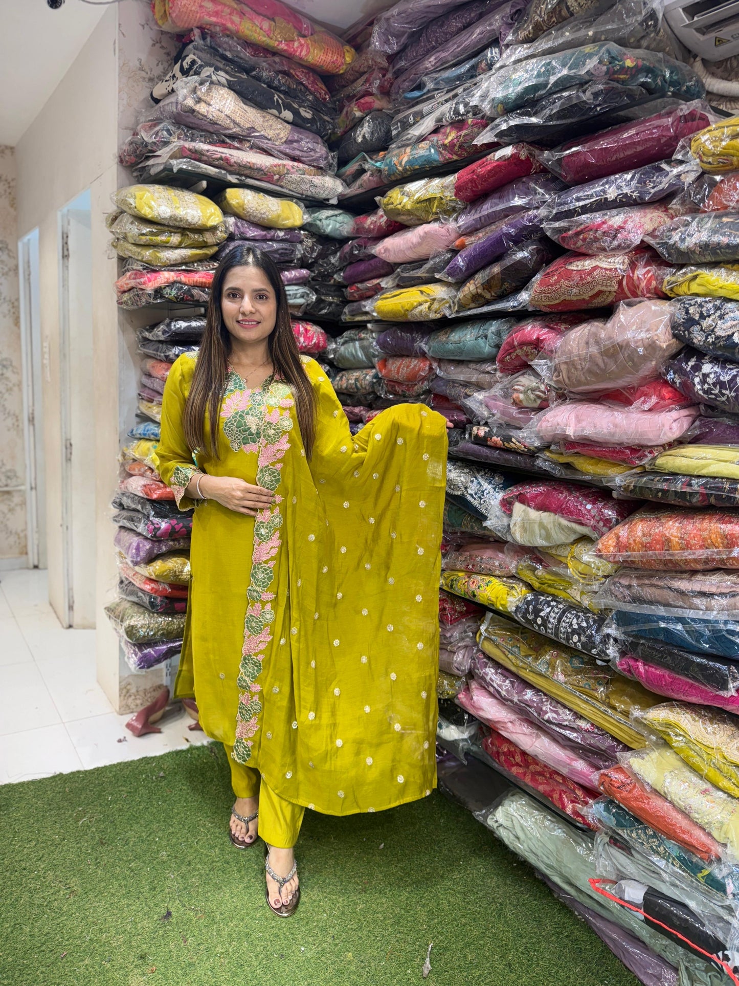 Surat Mull Chanderi Applique Work 3pc Set Yellow Color