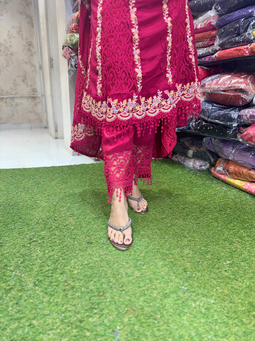 Pure Viscoce Embrodeiry Lace Work Anarkali 3pc Set Ruby Red Color