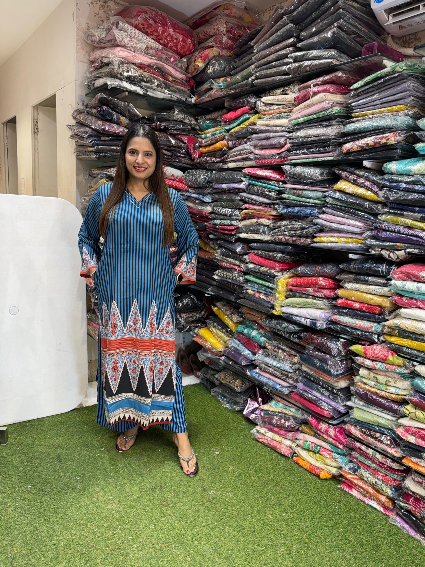 Pure Germon Rayon Vraj Bhumi Print 2pc Set Blue Color