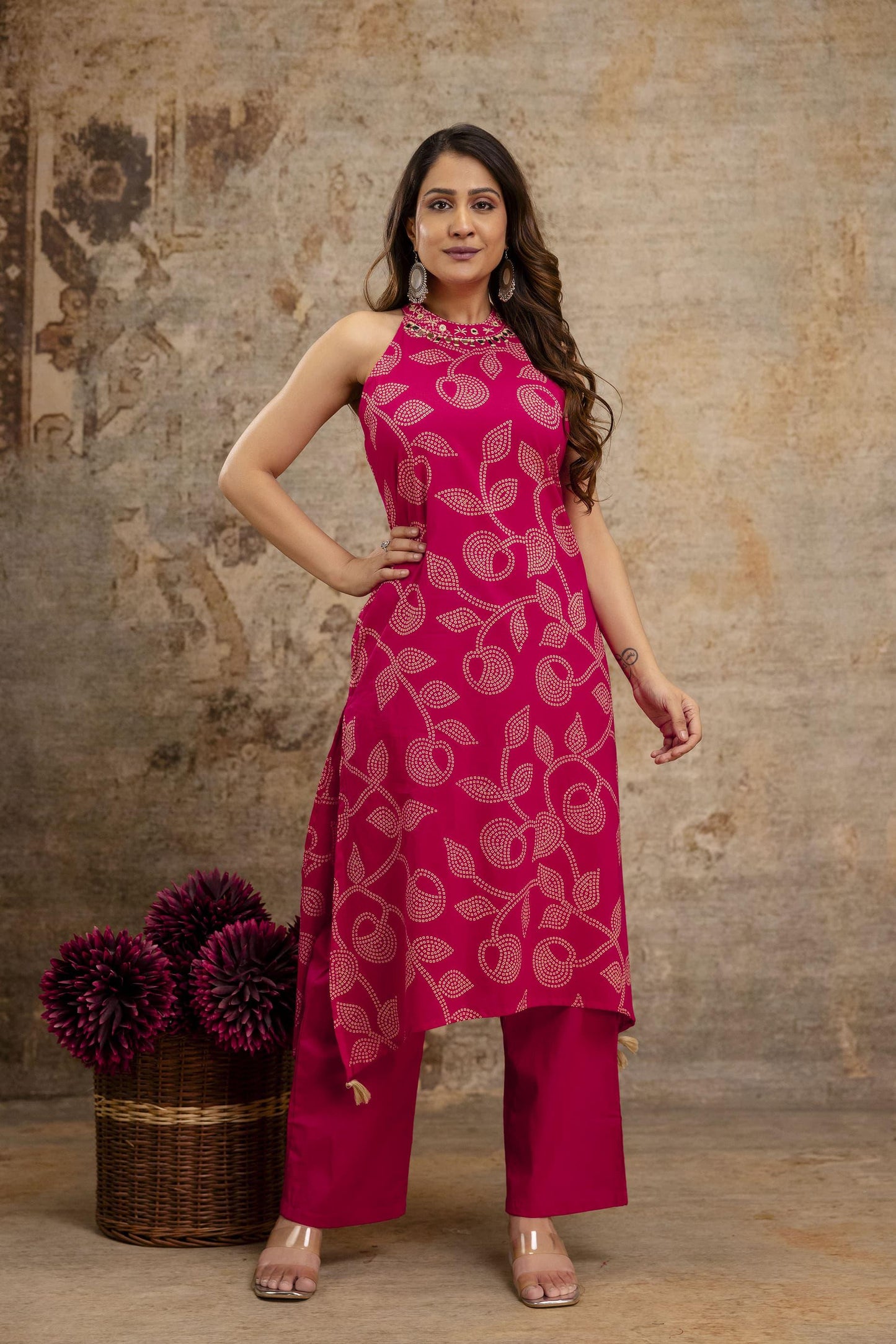 Cotton Bandhej HalterNeck Coordset-Rani Pink color