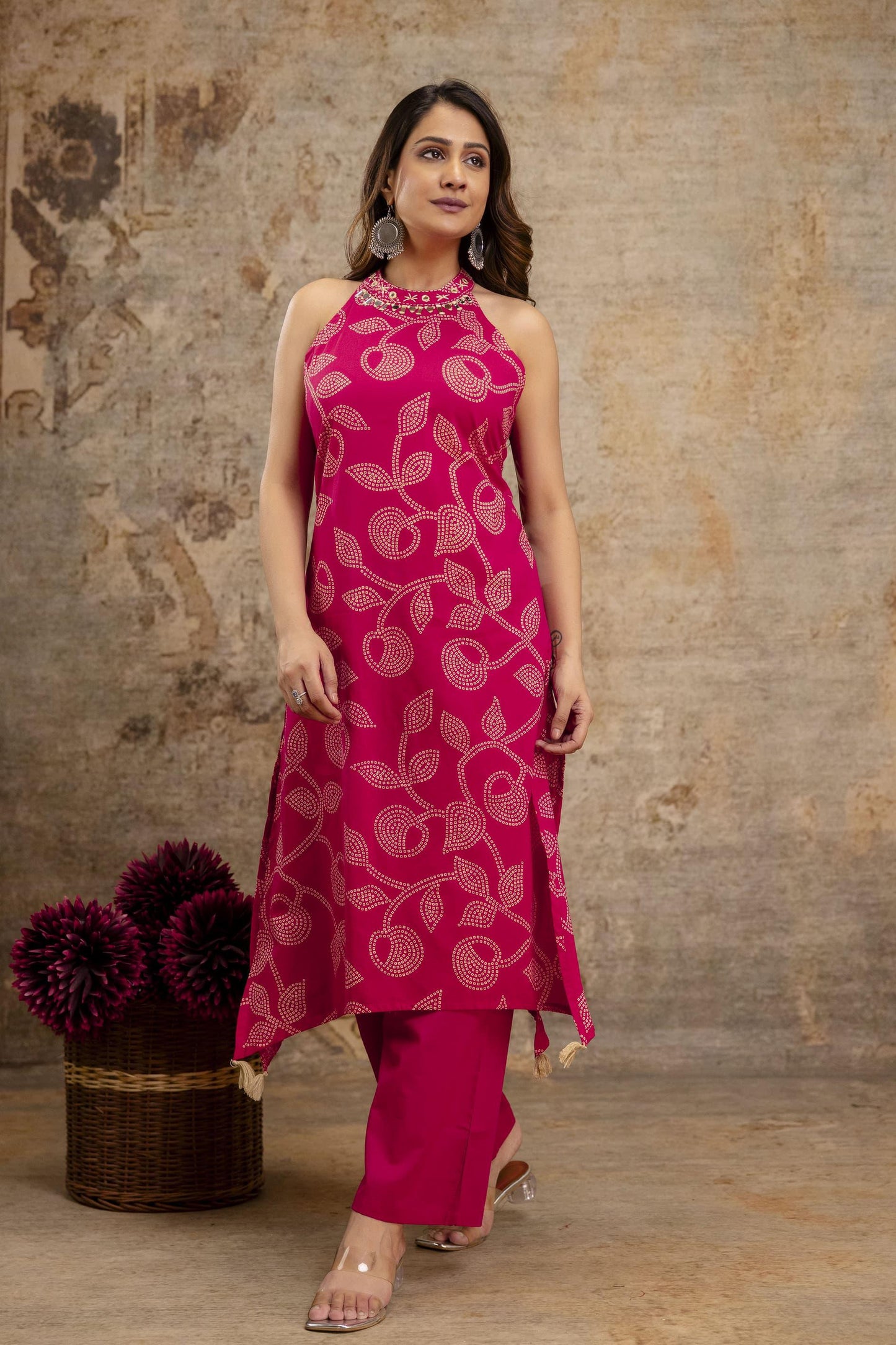 Cotton Bandhej HalterNeck Coordset-Rani Pink color