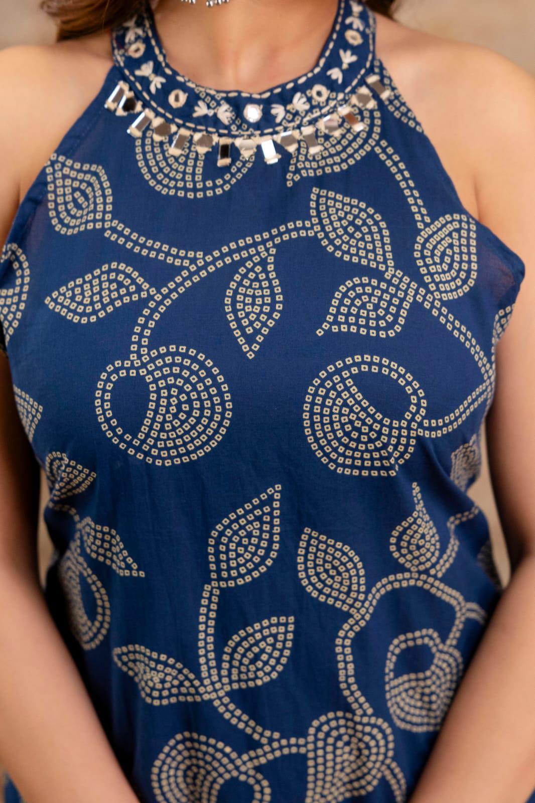 Cotton Bandhej HalterNeck Coordset-Blue color