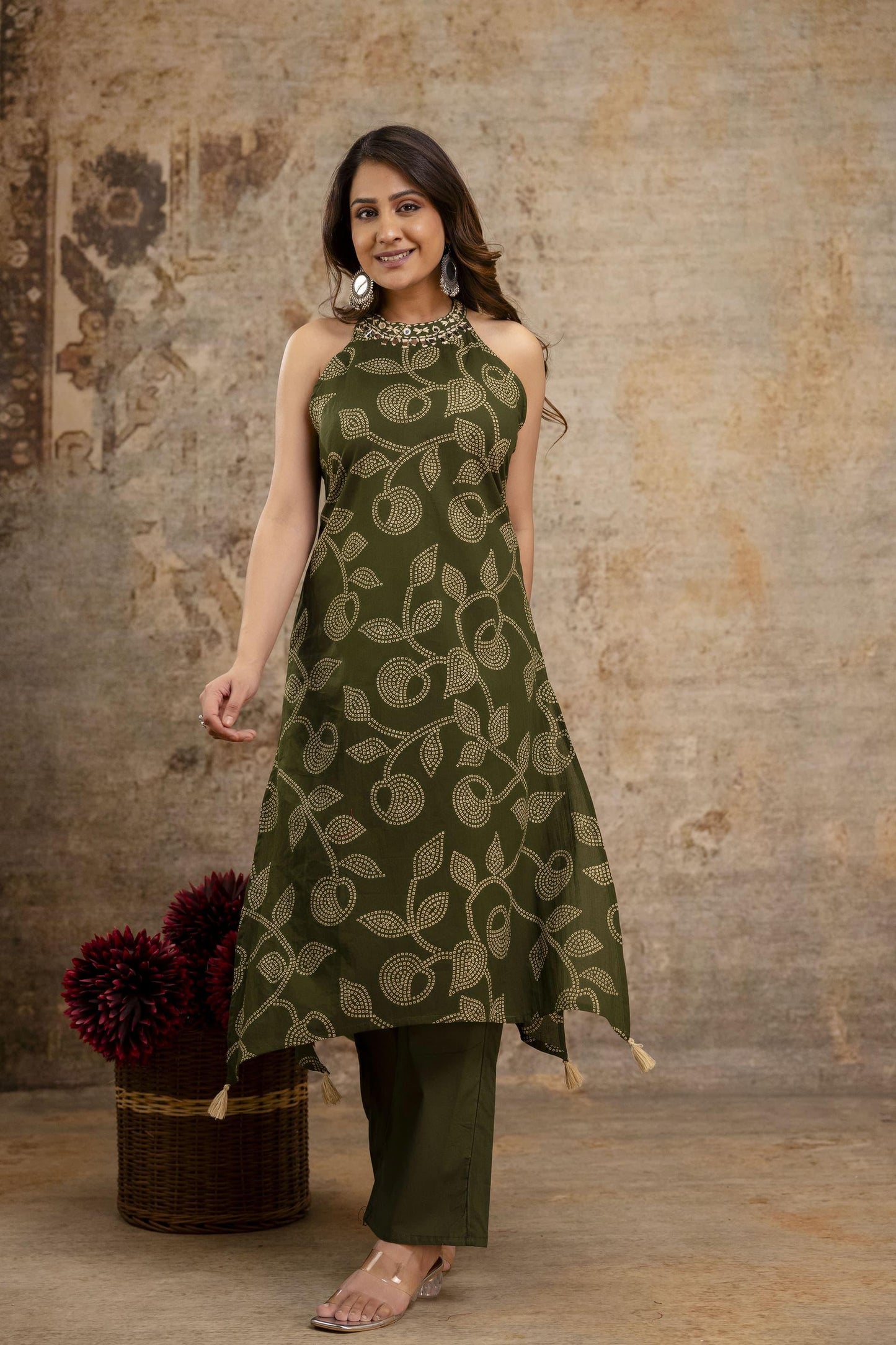 Cotton Bandhej HalterNeck Coordset-Green color