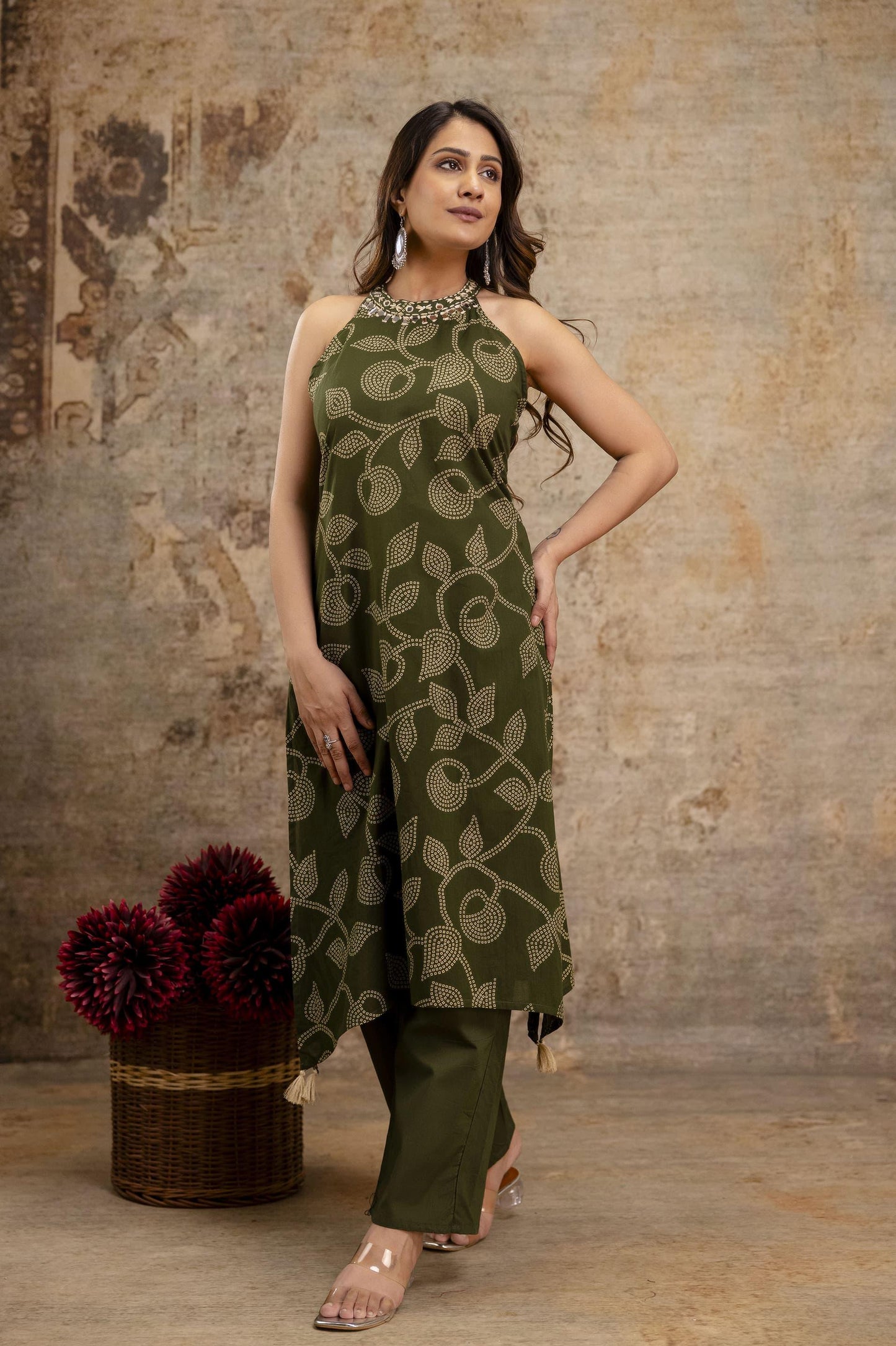 Cotton Bandhej HalterNeck Coordset-Green color