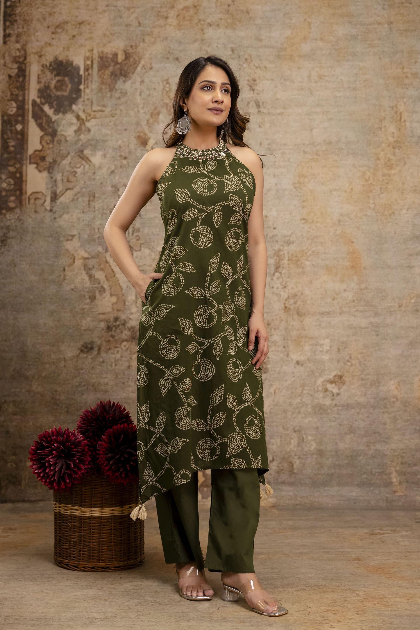 Cotton Bandhej HalterNeck Coordset-Green color