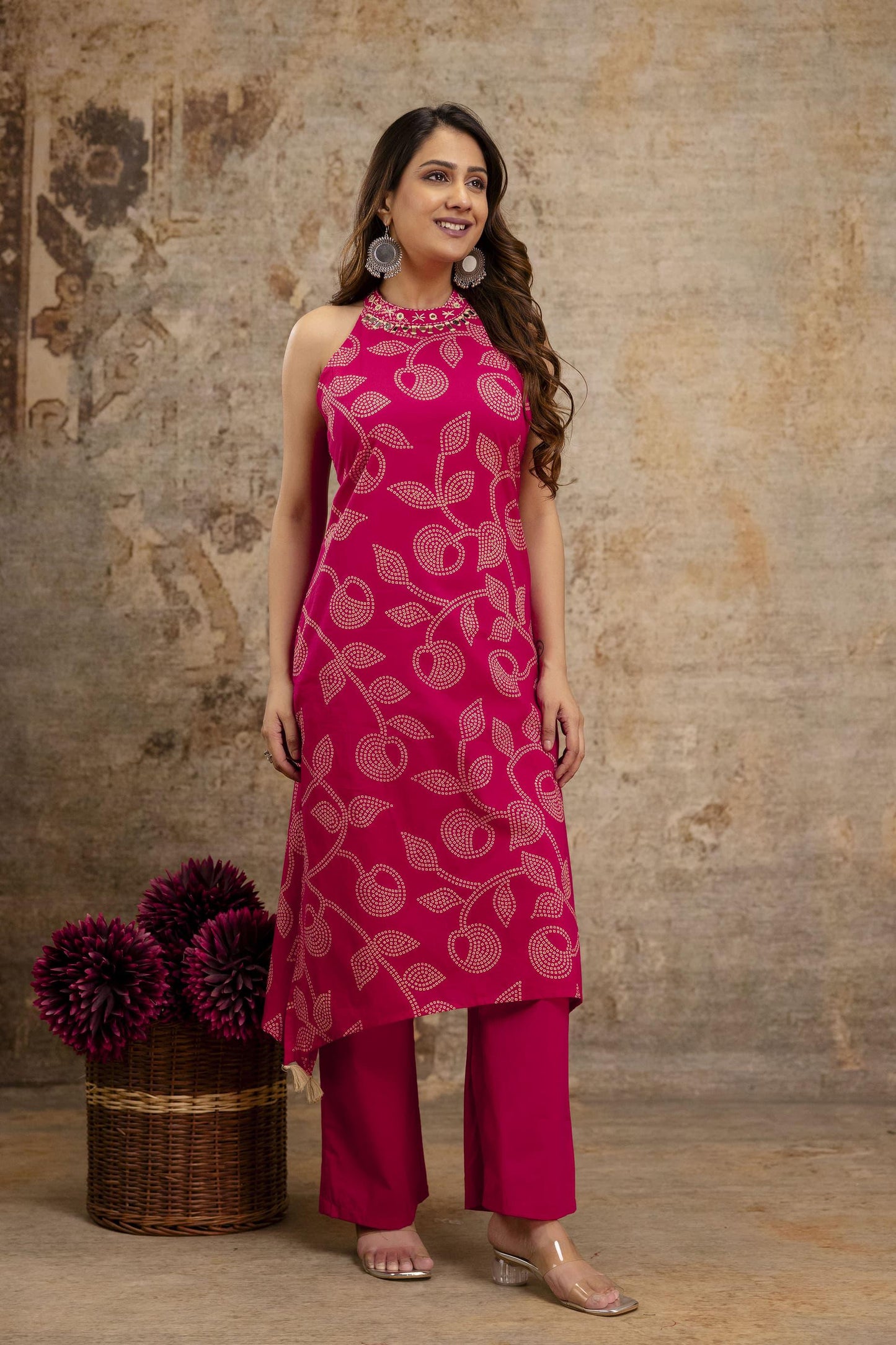 Cotton Bandhej HalterNeck Coordset-Rani Pink color