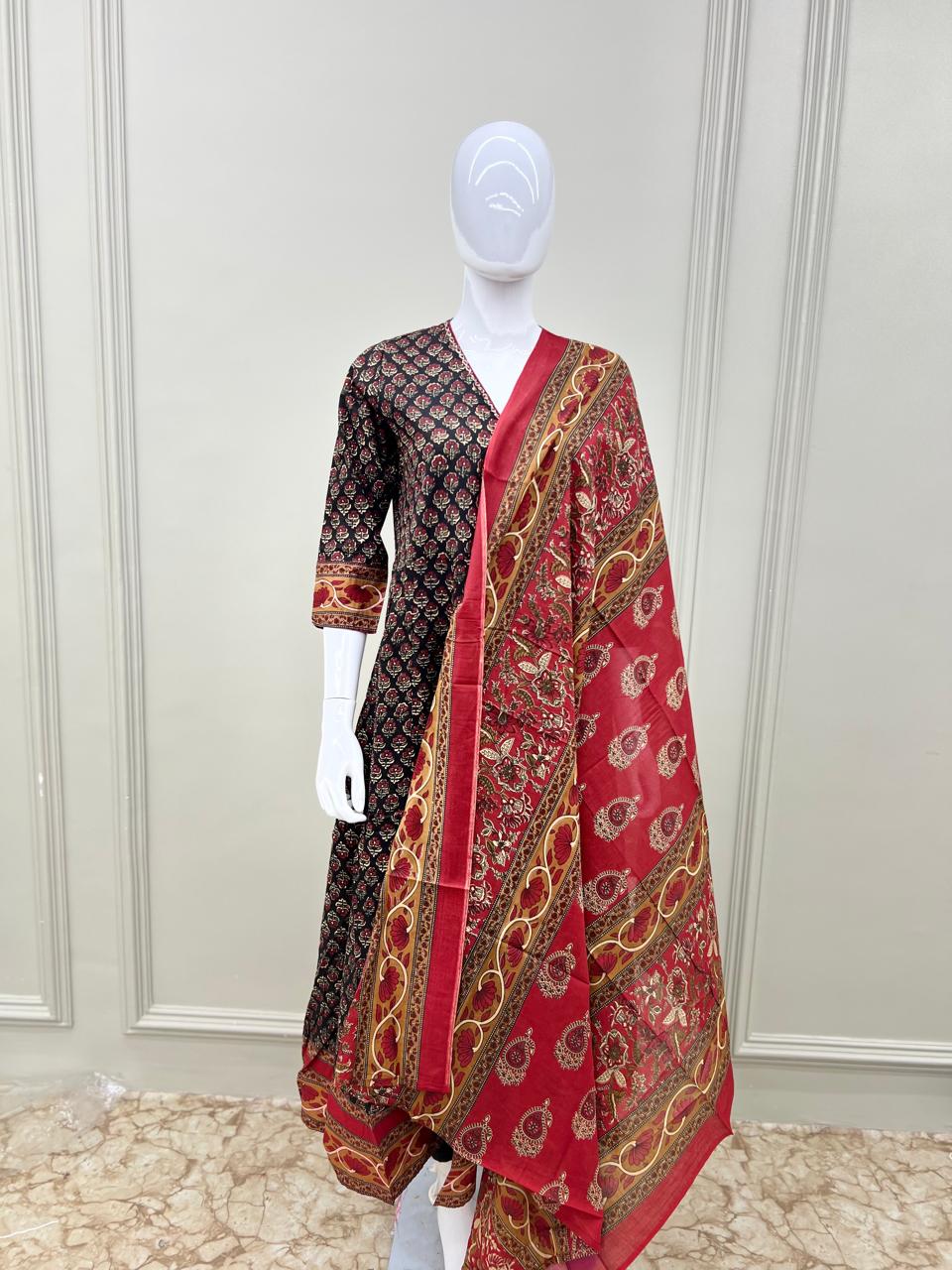 Pure Cotton Anarkali 3 pc Suit in Kalamkari Prints