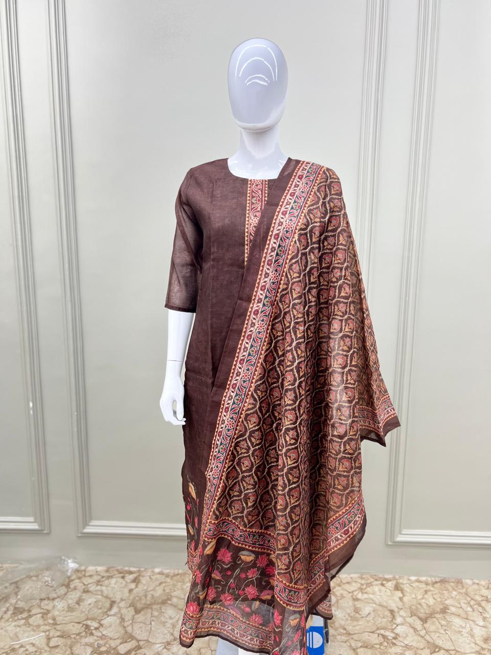 Pure maheshwari Silk Jari Sequence Work 3pc Set Brown Color