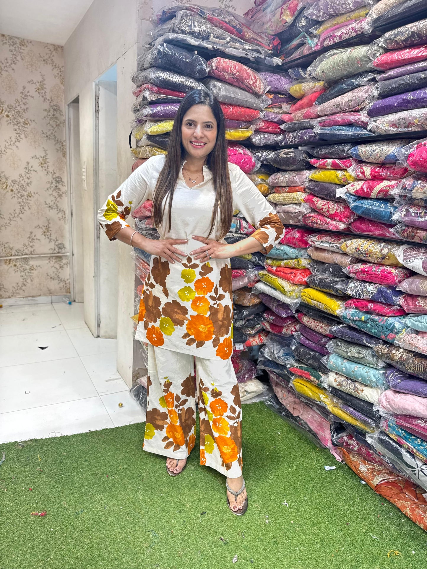Pure Flex Cotton Floral Print 2pc Cordset Bottom Plazzo White Color With Yellow Flower
