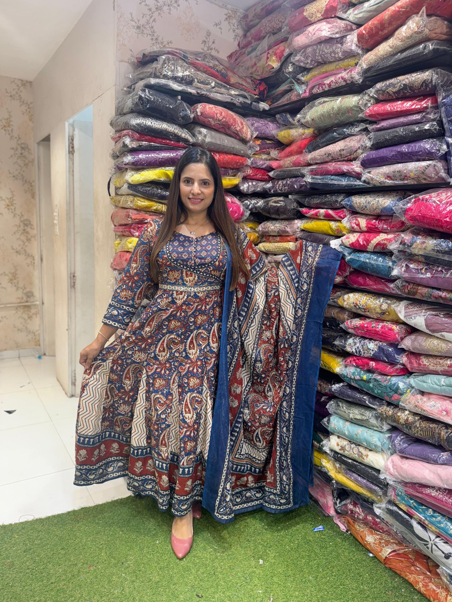 Pure Jaipuri Cotton Anarkali Kalamkaari Print Cutdana Handwork 3Pc Set Blue Color