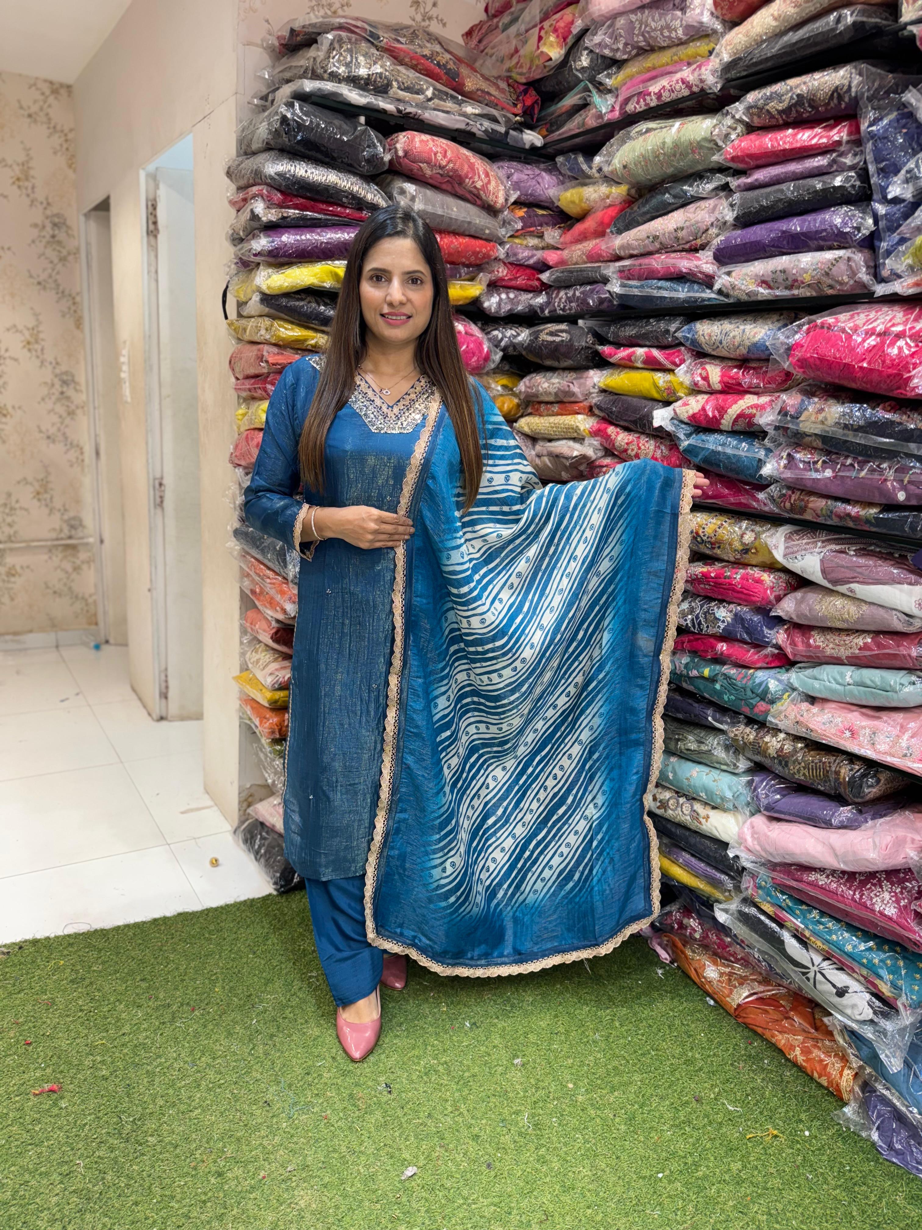 Pure Gucci Silk Cutdana Handwork Farsi Salwar 3pc Set Teal Color