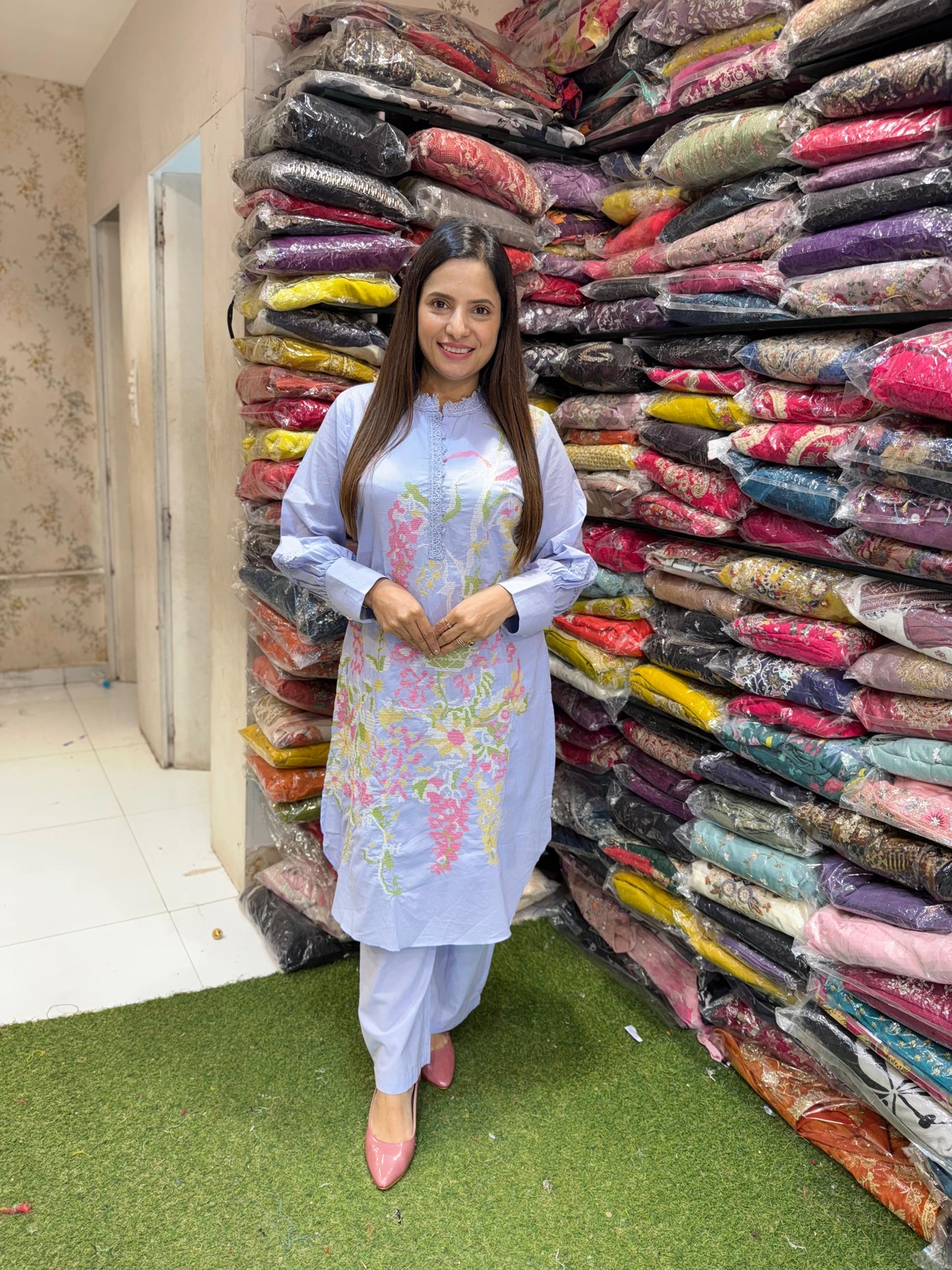 Pure Cotton Cordset Embrodeiry Thread Work Sky Blue Color