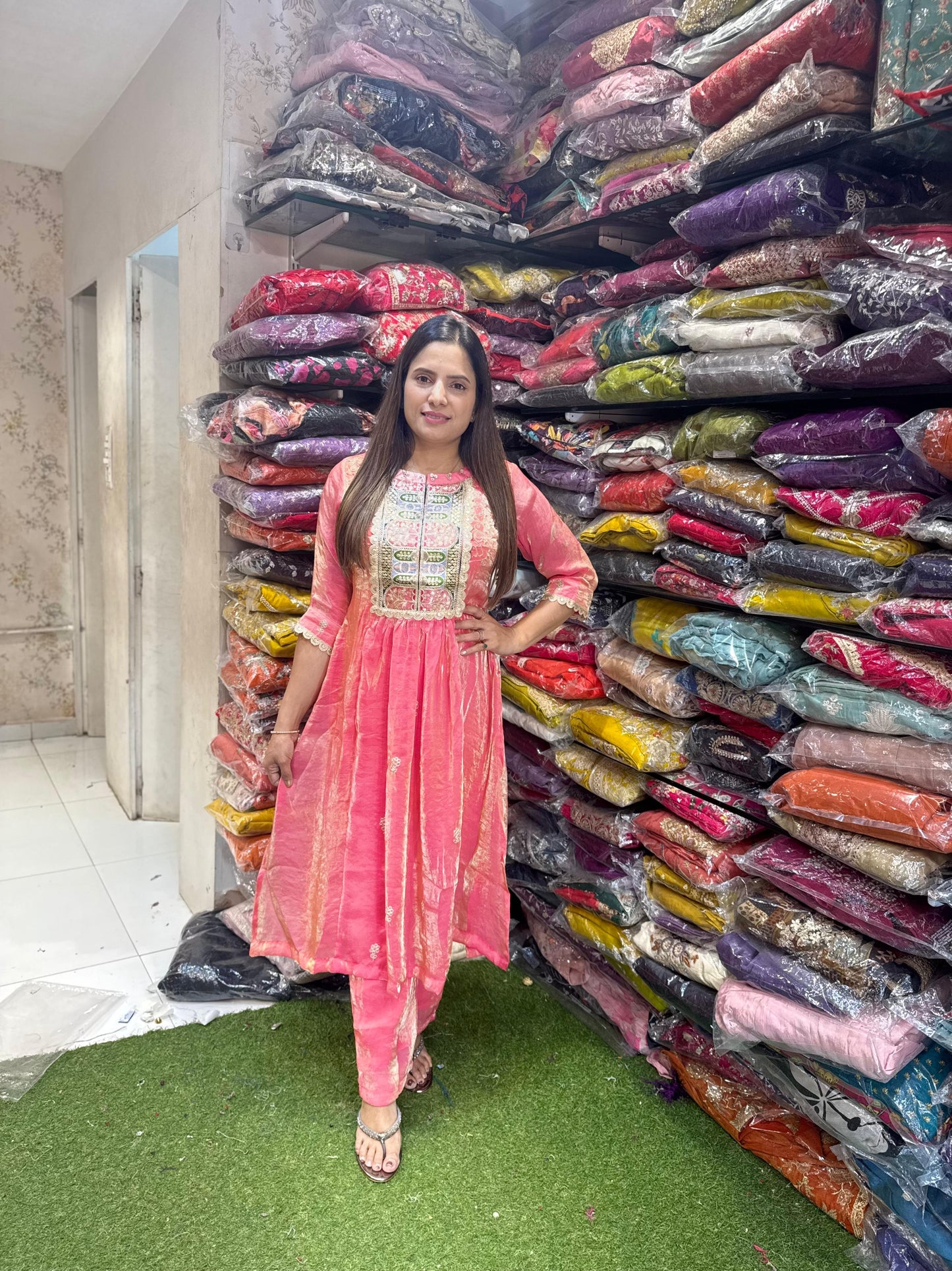 Pure Glass Tissue Handwork Anarkali 2pc Set Peach Color