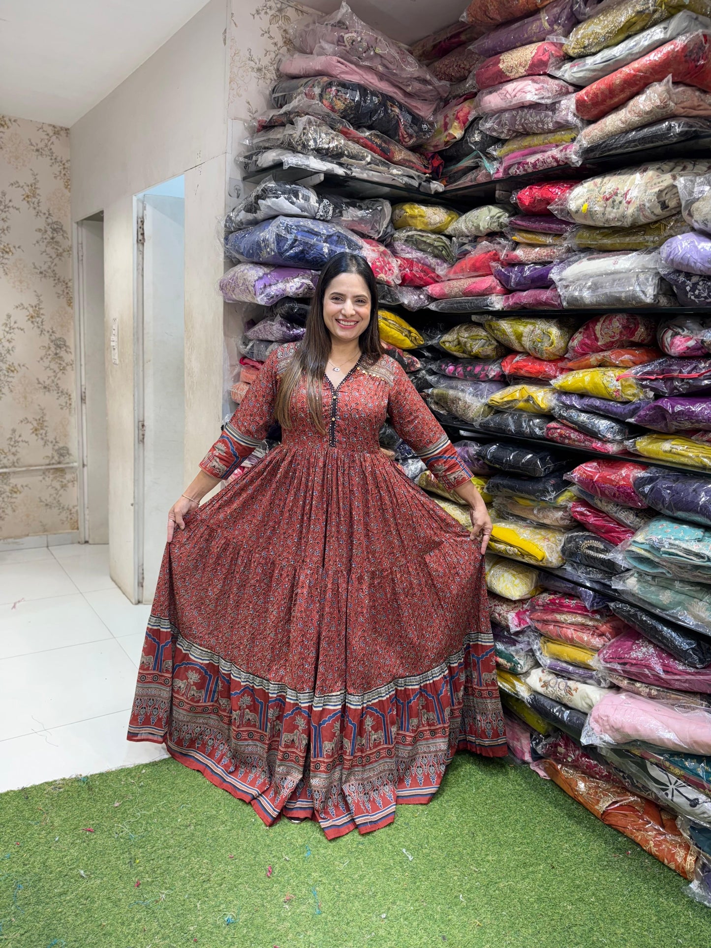 Pure Jaipuri Cotton Anarkali Vraj Bhumi and Ajarak Print Maroon Color