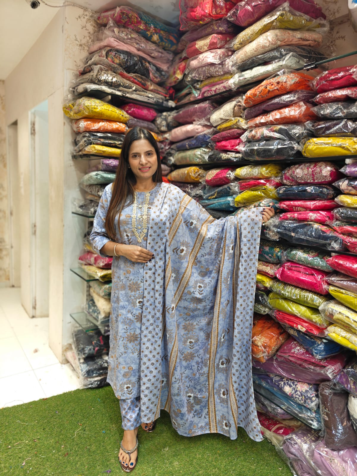 Pure Jaipuri Cotton Floral Print 3pc Set Light Blue Color