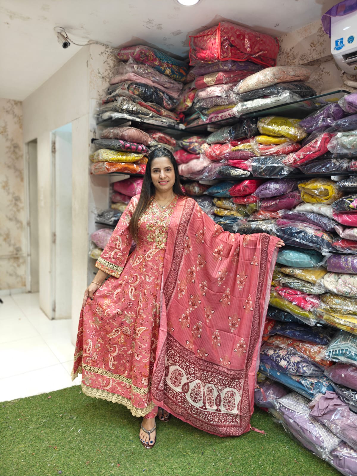 Pure Glace Cotton Real Mirror Work Floral Print pakistani Anarkali 3pc Set Nude Pink Color
