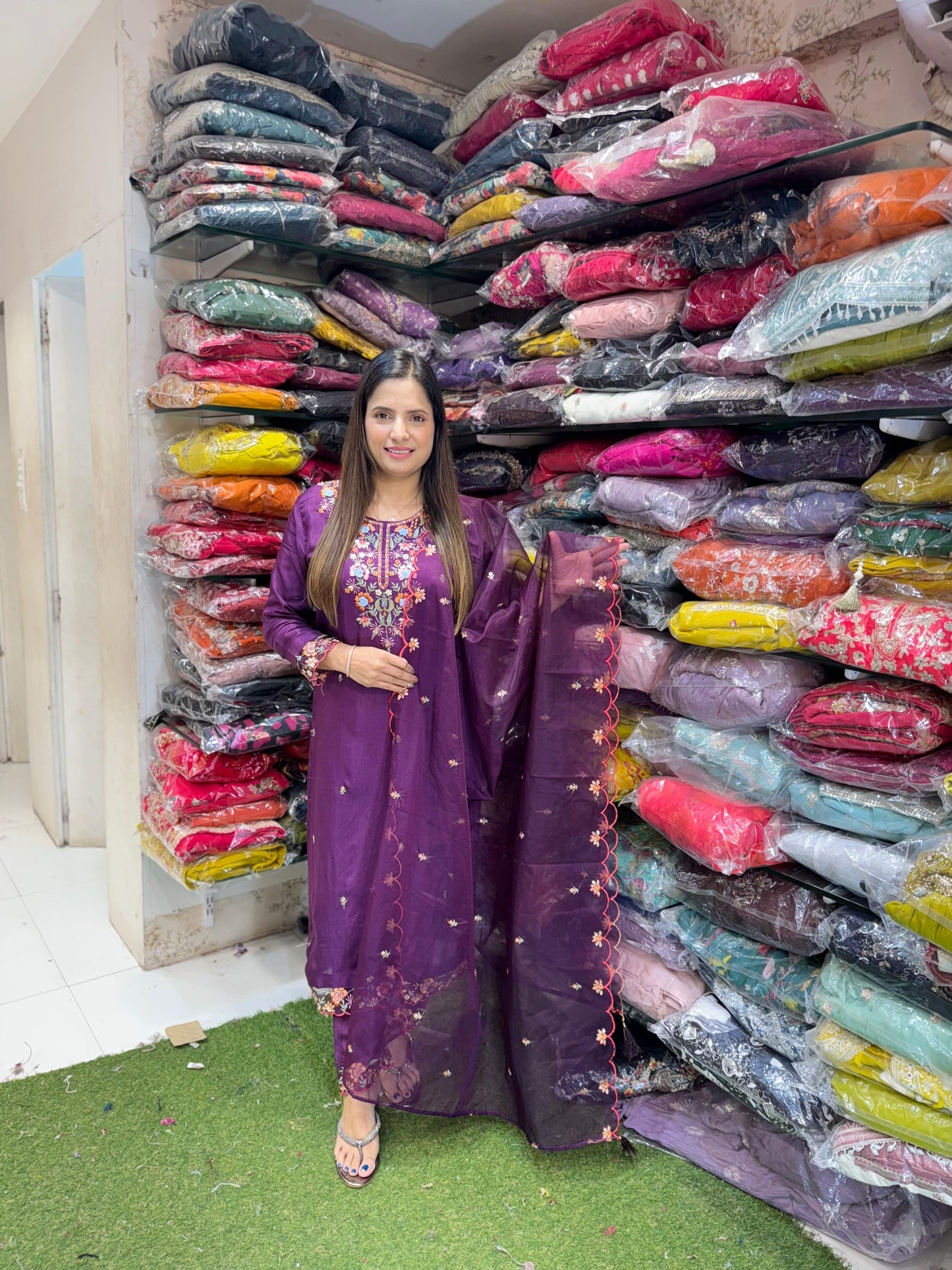 Pure Dola Silk Thread Work 3pc Set Dark Purple Color