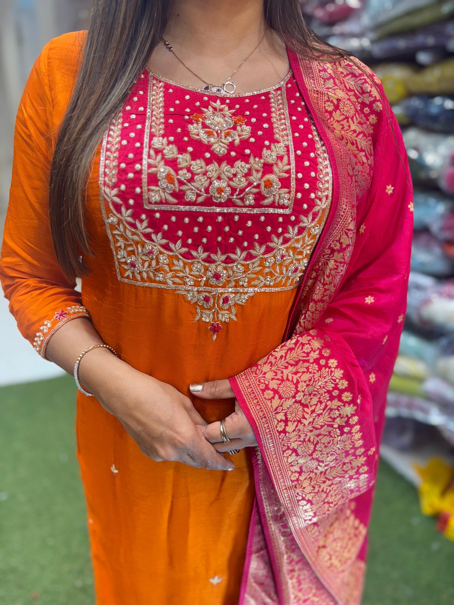 Pure Dola Silk Heavy Pearl Handwork Party Wear 3pc Set Orange Color