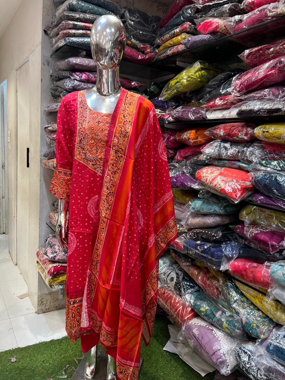Pure HO Fabric Detailing Work Ajarak print 3pc Set Pink Color