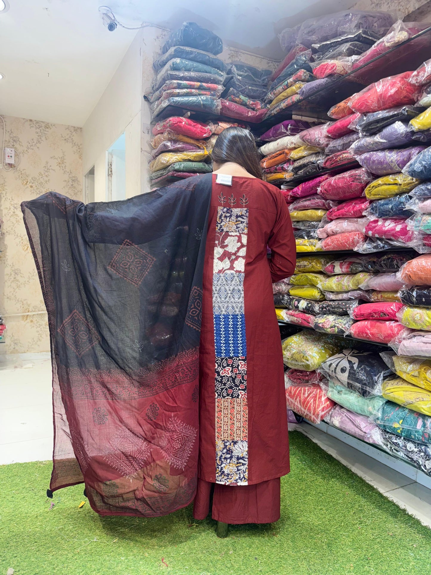 Pure Slave Cotton Ajarak Print Real Mirror Work 3pc Set Maroon Color