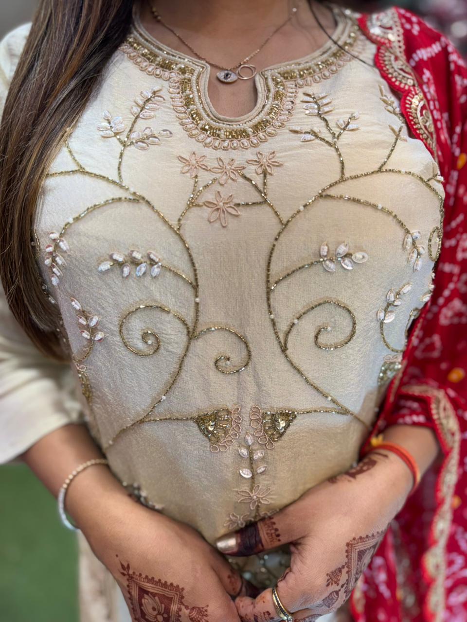 Pure Simmer Tissue Pearl Handwork Party Wear 3pc Set Bottom Sharara Off White Color