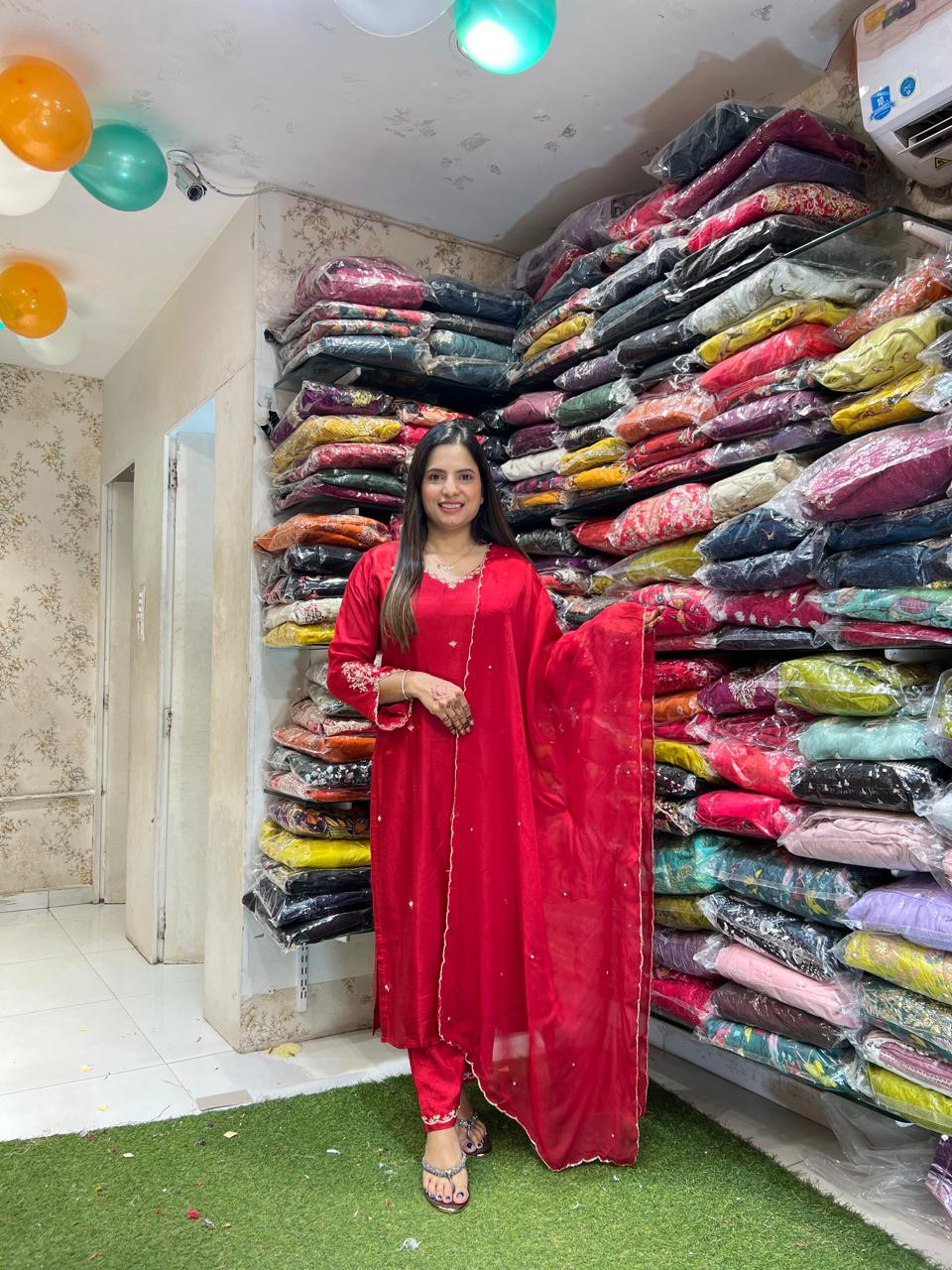 Pure Dola Silk Pearl Culcatta Handwork Party Wear 3pc Set Red Color