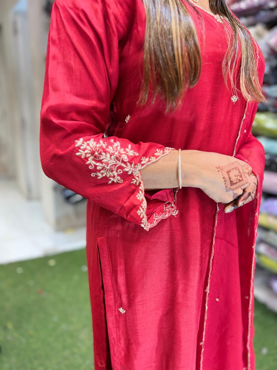 Pure Dola Silk Pearl Culcatta Handwork Party Wear 3pc Set Red Color