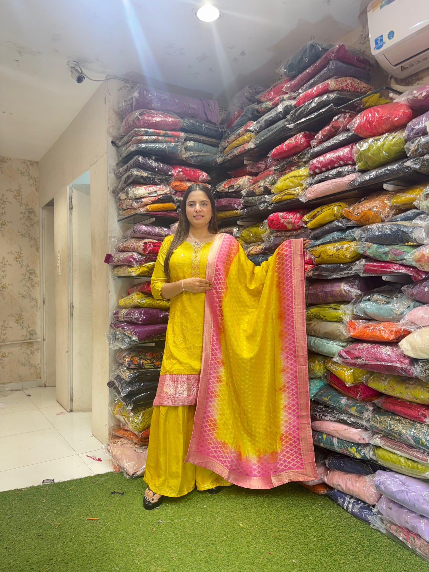 Pure Russian Silk HandWork 3pc Set Bottom Sharara Yellow Color