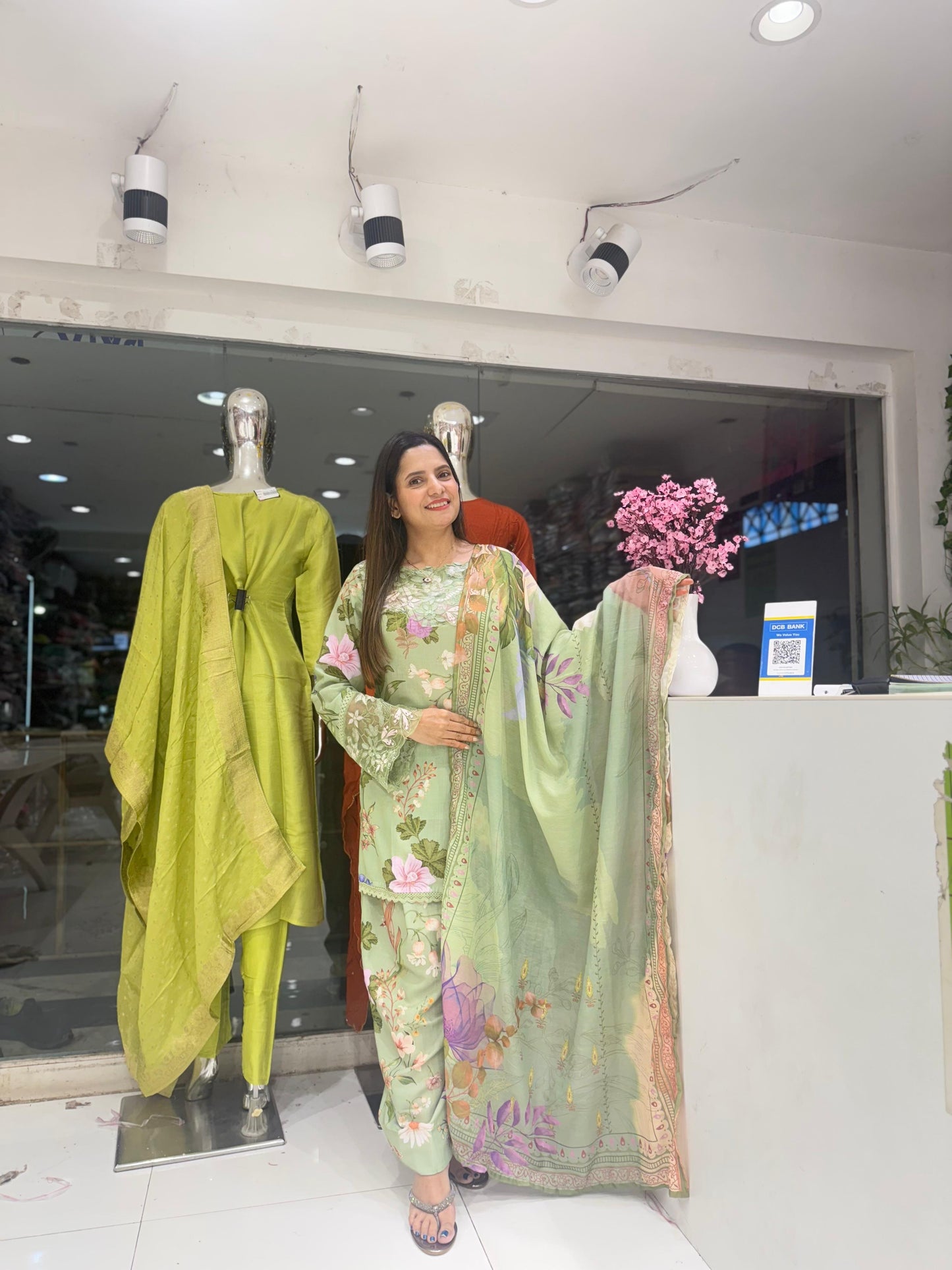 Pure Muslin Cotton Applique Work Digital Print Farsi Salwar Pakistani Style 3pc Set Green Color