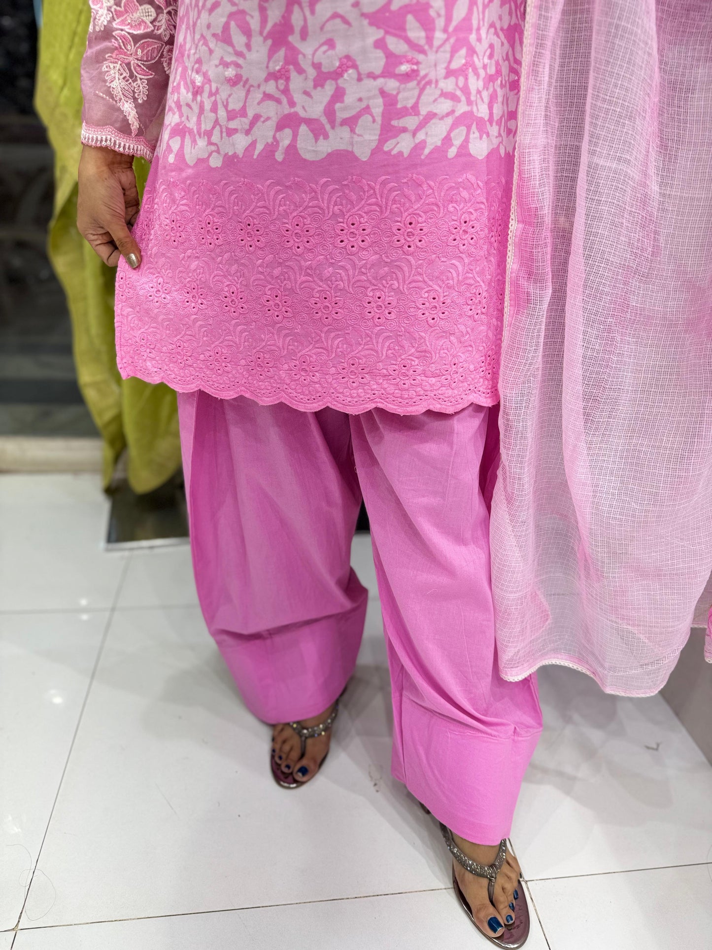 Pure Cotton Applique Work Batik Print Farsi Salwar 3pc Set Baby Pink Color