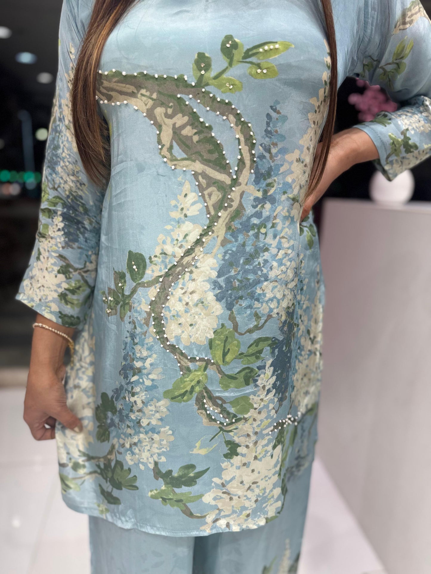 Pure Natural Crep Pearl Work Asthetic Print Party Wear 2pc Cordset Aqua Blue Color